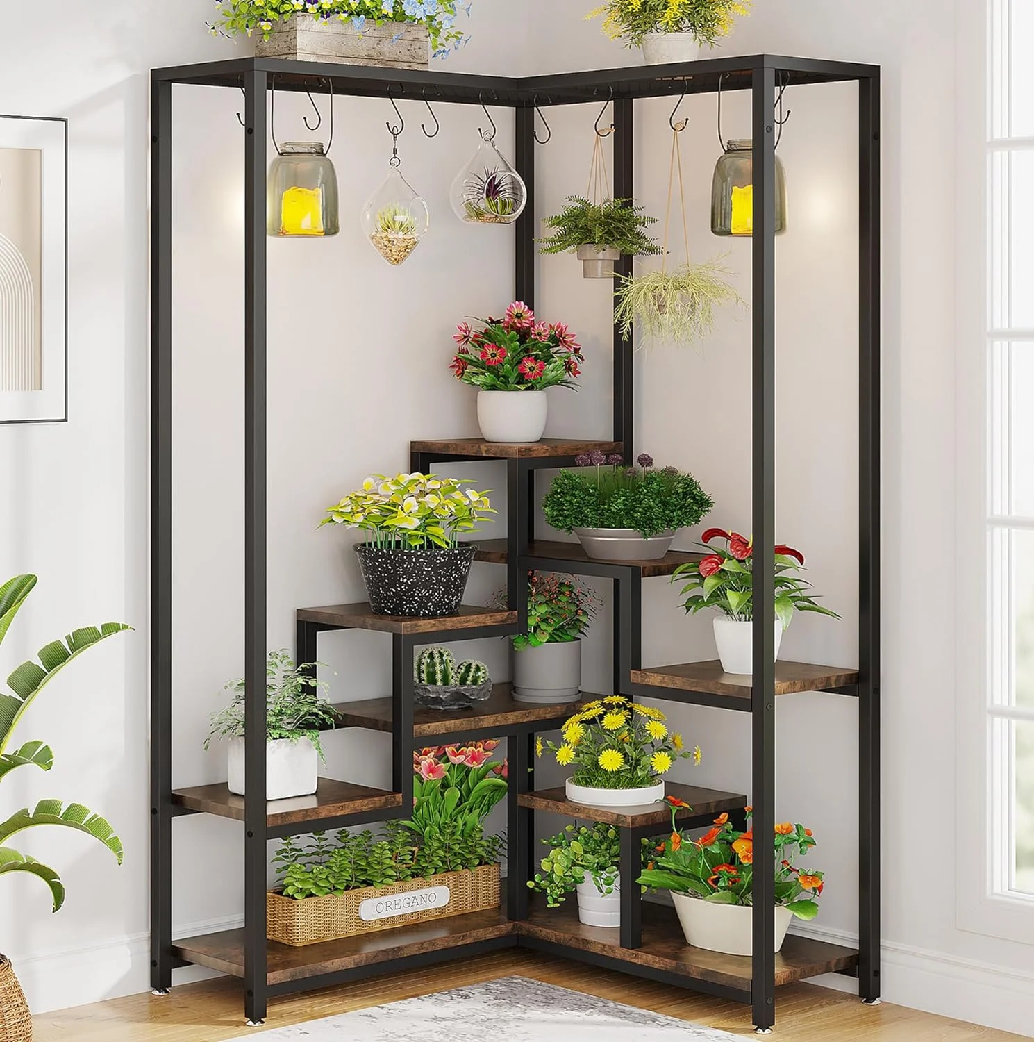 70.9 Inches Tall Corner Plant Stand, Industrial 8-Tier Indoor Corner Plant Shelf with 10 S-Hooks, Large Metal Plant Display Rack Holder, Flower Stand for Indoor, Living Room, Balcony