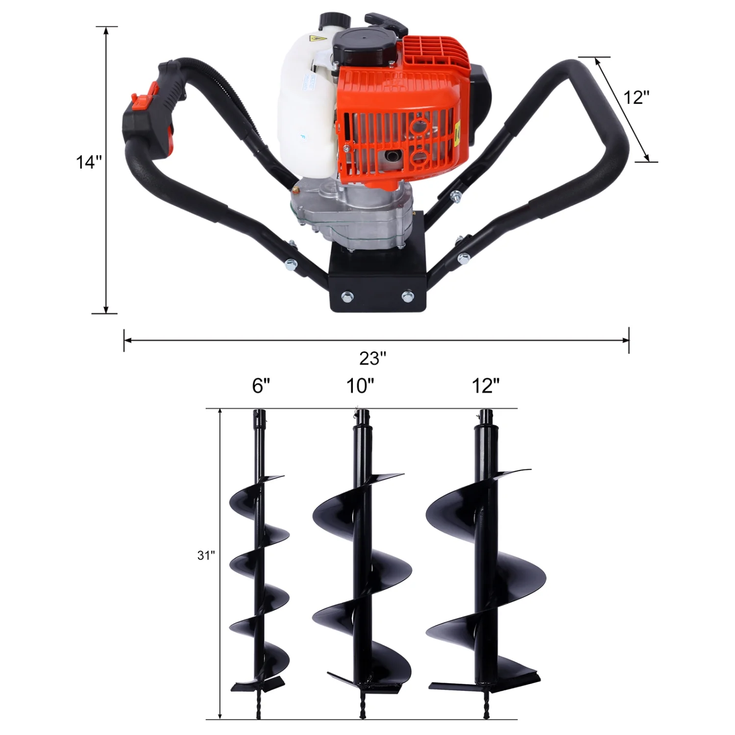V-Type 52CC 2 Stroke Gas Post Hole Digger One Man Auger EPA Machine Plant Soil Digging Fence withHole Digger Replacement Auger Bits L6”+L10”+L12” DRILL BITS
