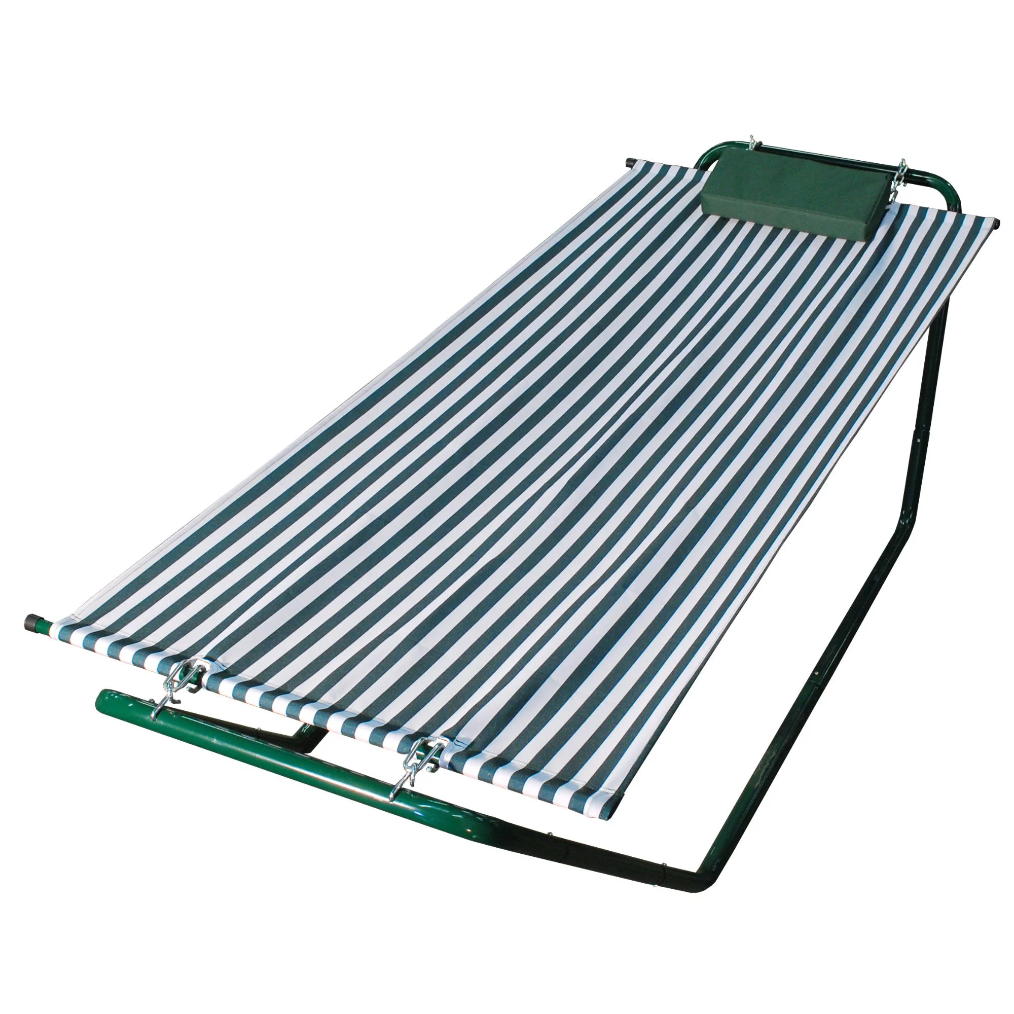 76â€ x 32â€ Hunter Green and White Stripe No-Swing Hammock, Pillow and 4-Point Stand