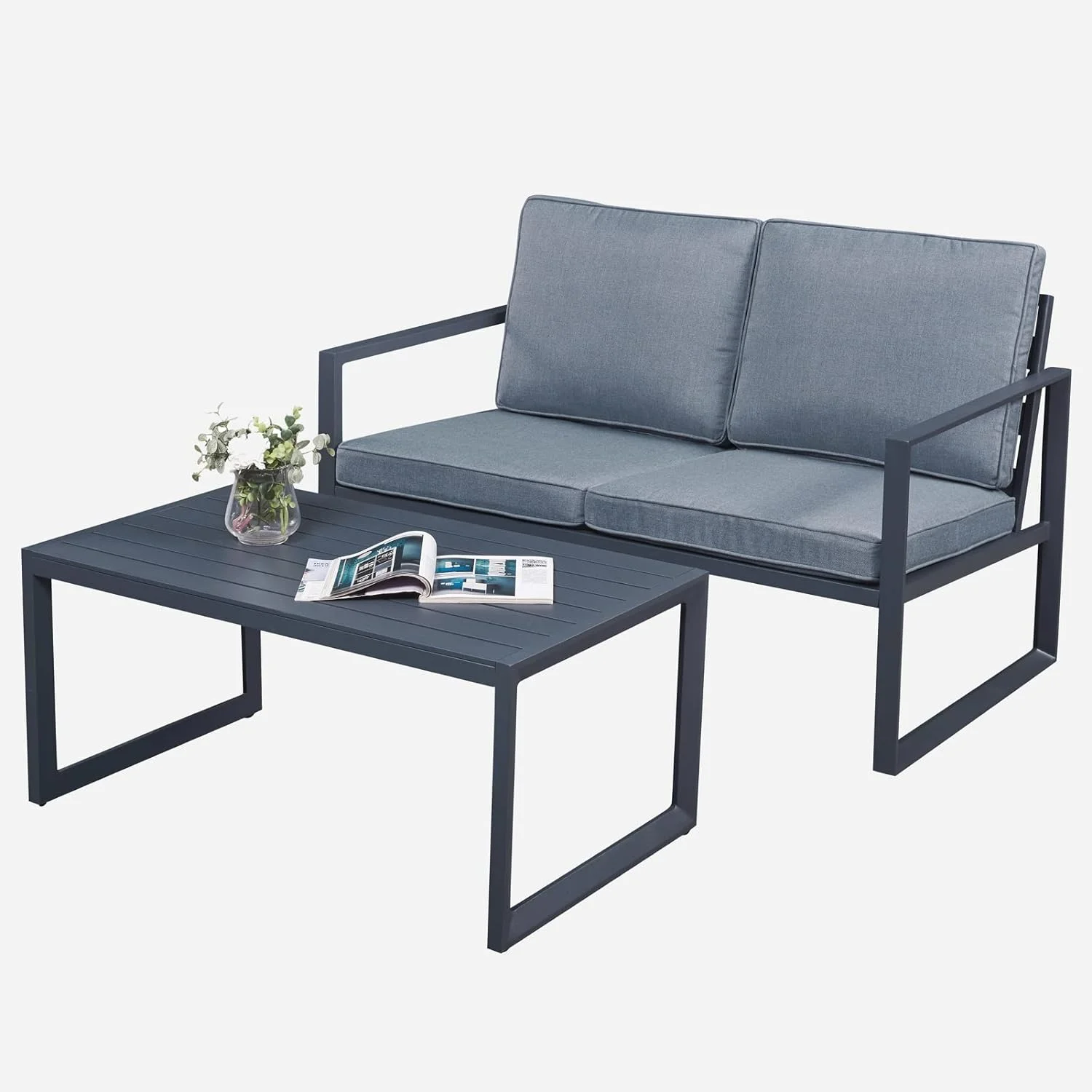 Dina Outdoor Loveseat with Coffee Table  Patio Conversation Set  Aluminum Modern Patio Furniture Set with Cushions for Balcony Backyard  Poolside  Dark Grey