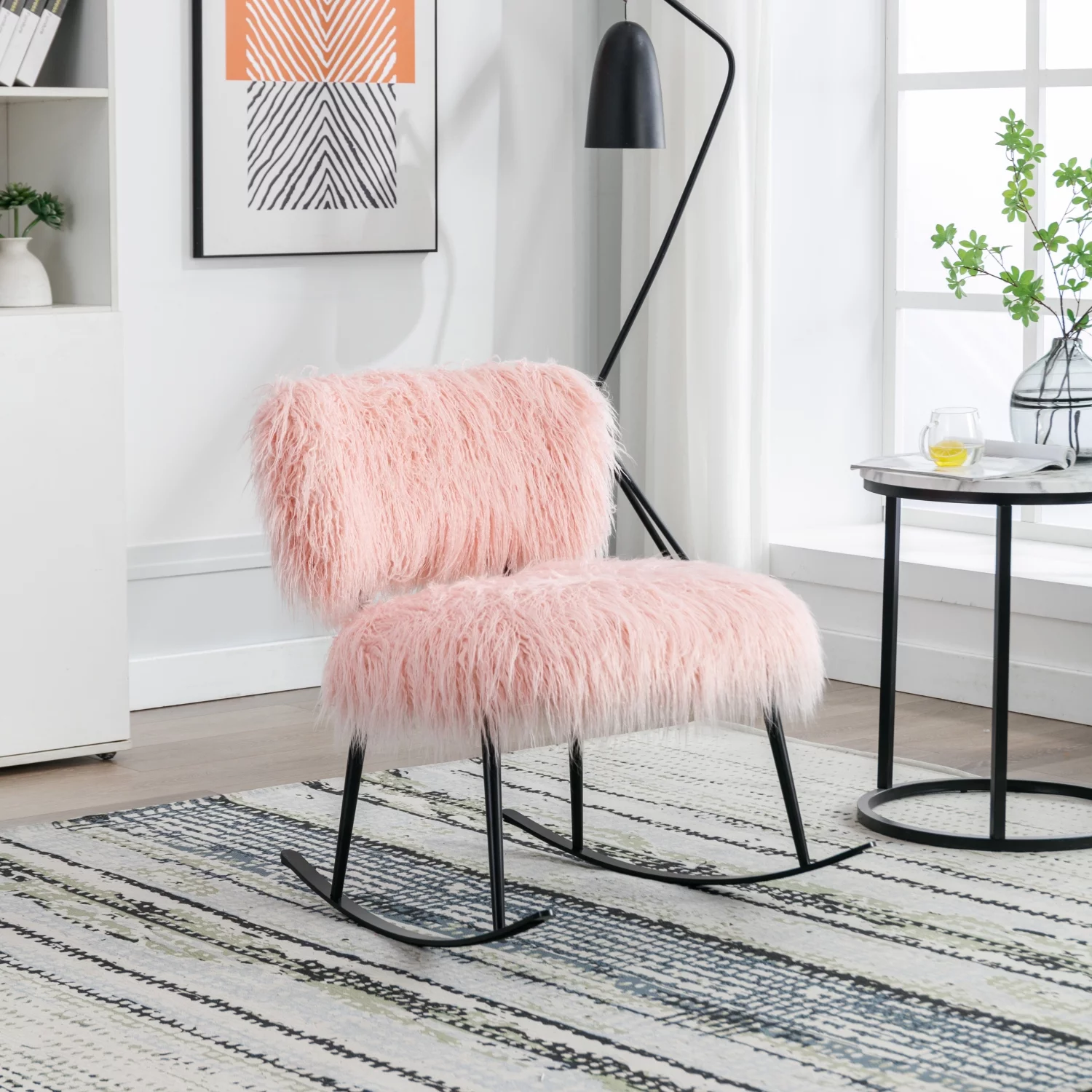 Fluffy Pink Faux Fur Cozy Mid Century Modern Nursery Rocking Chair - 25.2‘‘ Wide Metal Rocker  Plush Baby Nursing Chair  Upholstered Glider Chair  Comfortable Chair for Living Room or Bed