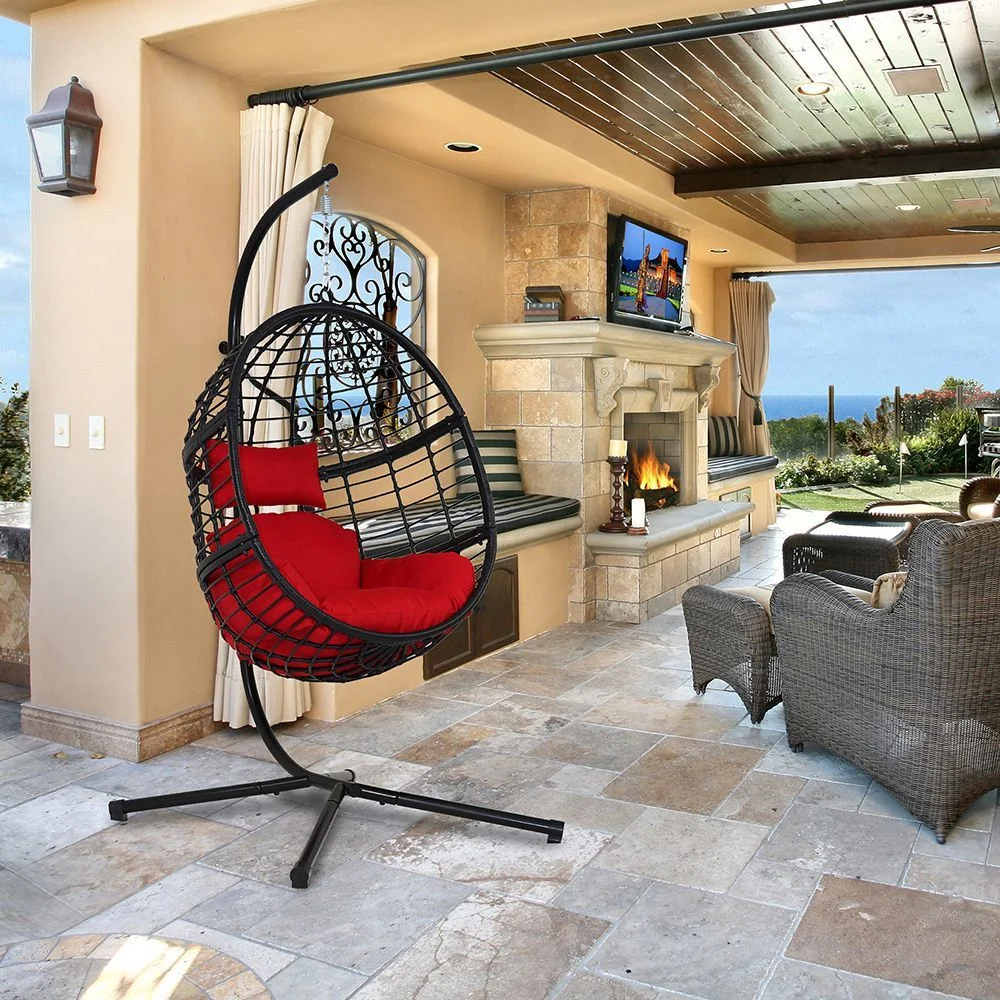 Abble Wicker Rattan Hanging Chair with Cushion and Stand - Black/Red