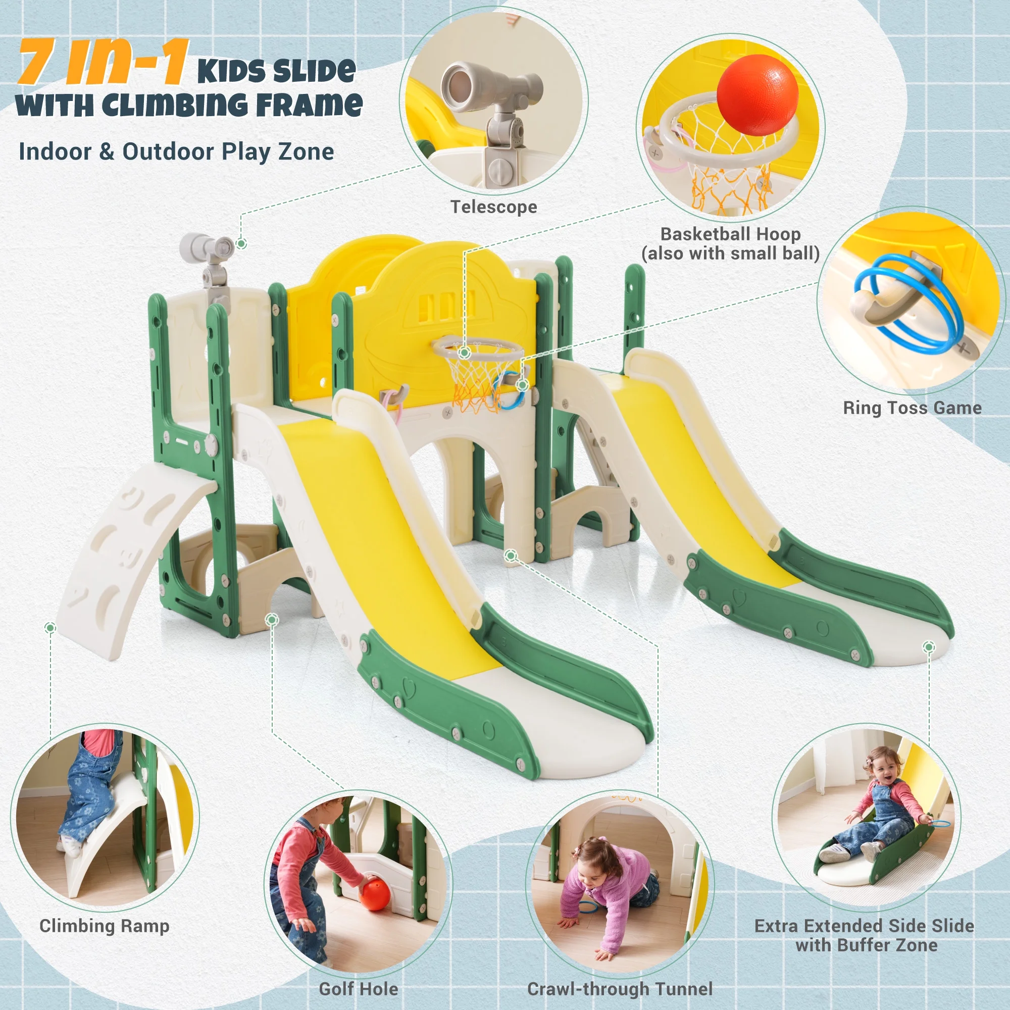 Kids Slide Playset Structure 7 in 1, Freestanding Spaceship Set with Slide, Arch Tunnel, Ring Toss and Basketball Hoop,Double Slides for Toddlers, Kids Climbers Playground