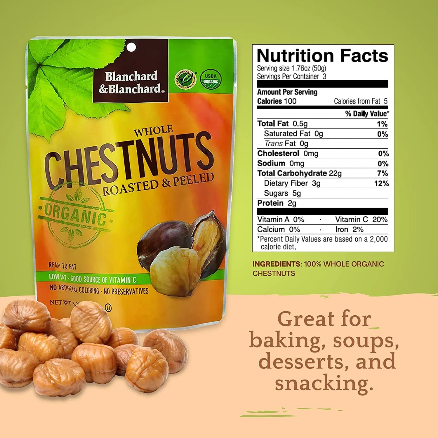 Blanchard & Blanchard Organic Whole Chestnuts Roasted and Peeled Pack of 12