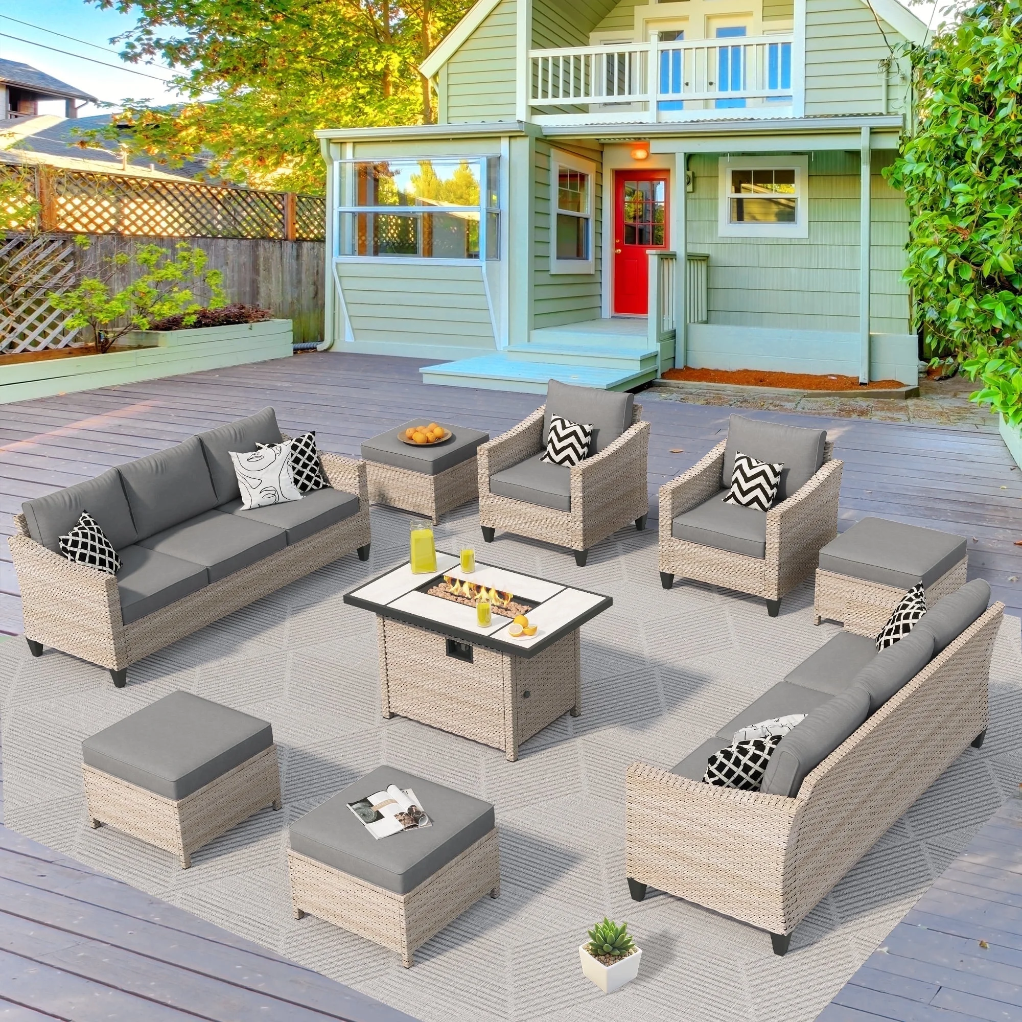 Vcatnet 9 Pieces Outdoor Patio Furniture Sectional Sofa Conversation Set with Cushions and Fire Pit Table for Garden,Poolside,Dark gray