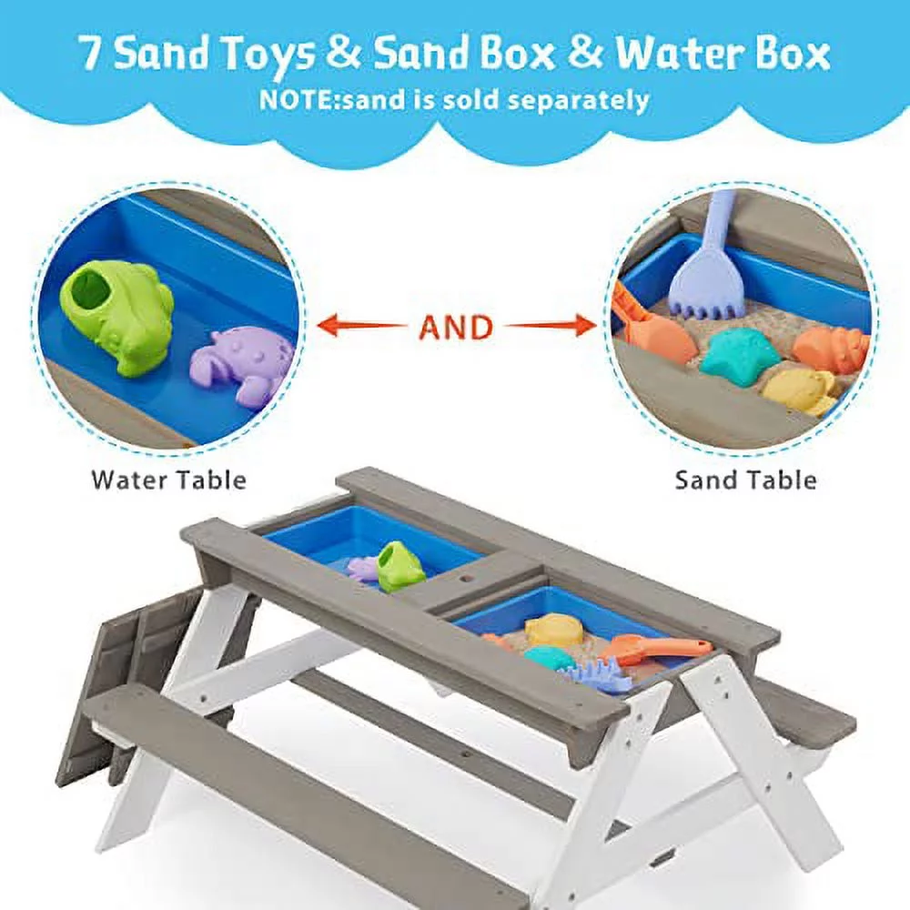 Kids Sand and Water Table, Wood Outdoor Picnic Table & Chair Set w/Umbrella for Backyard Play