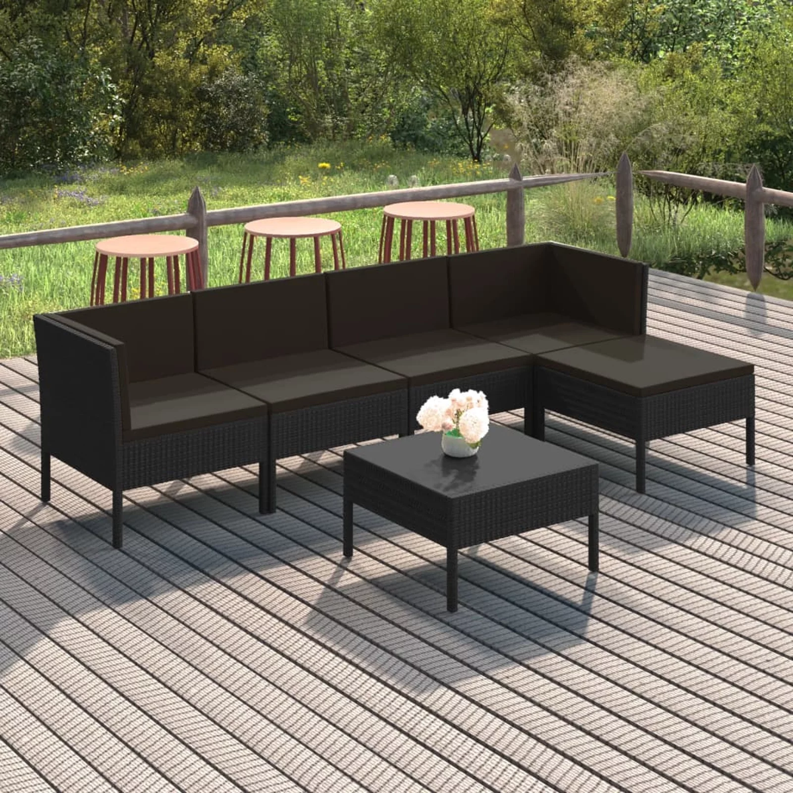 moobody 6 Piece Patio Lounge Set with Cushions Black Poly Rattan 2 Middle and Corner Sofas with Table and Footrest Outdoor Conversation Set for Garden, Lawn, Courtyard, Balcony