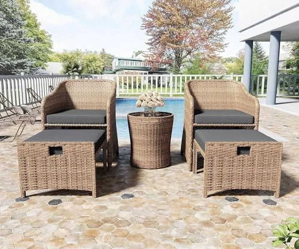 LNSETGC Outdoor Patio Wicker 5-Piece  Set  No Assembly Required All-Weather Rattan Conversation Bistro &  Table for Garden  Porch  Balcony and Deck (Black)