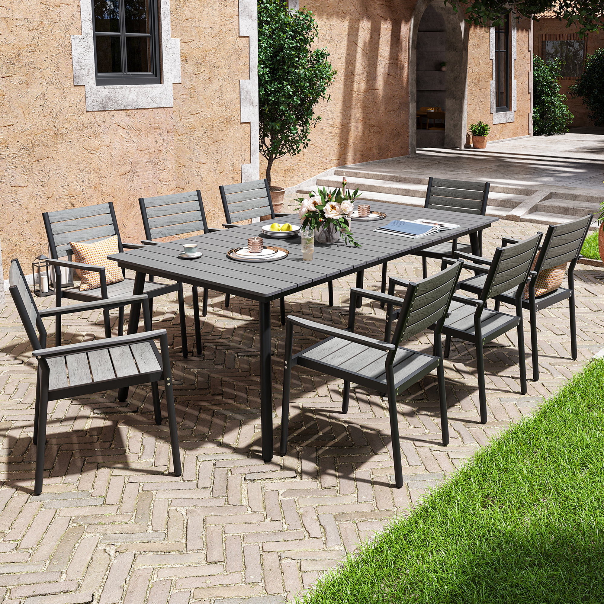 Pellebant 9 Pcs Gray Patio Set 8 Arm Chairs 1 Table with Umbrella Hole