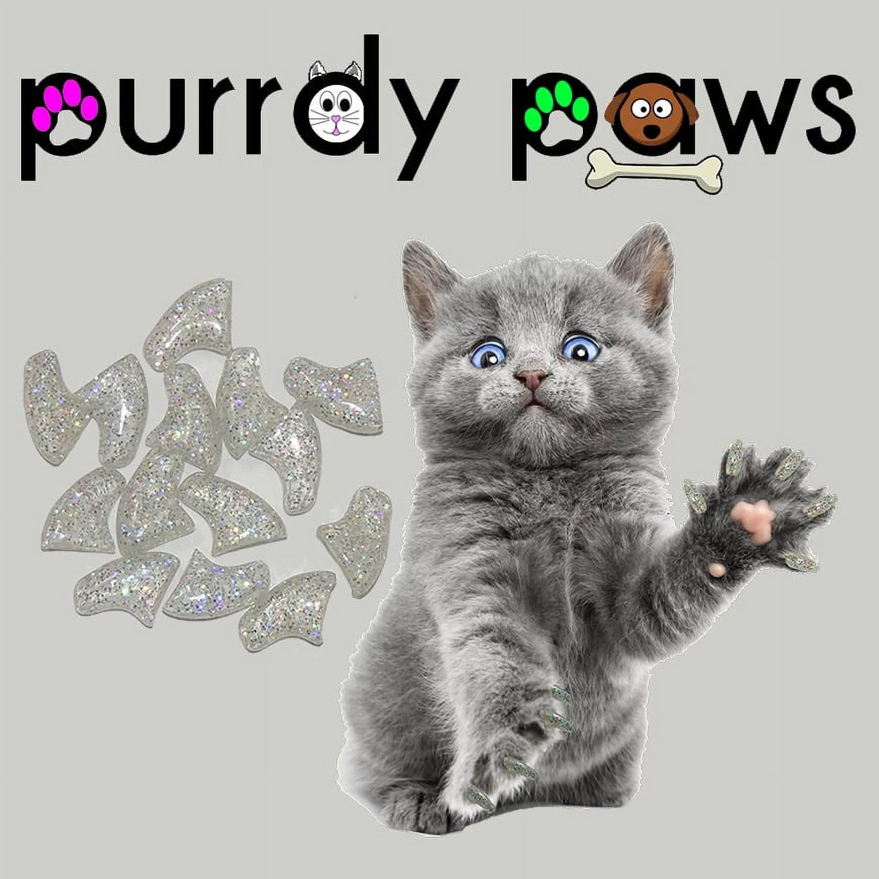 6 Month Supply - Purrdy Paws Silver Holo Glitter Soft Nail Caps for Medium Cats Claws - Extra Adhesives