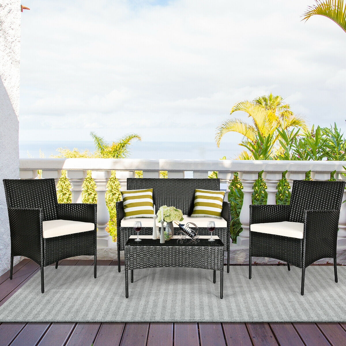 4-Piece Patio Conversation Sofa Set Rattan Wicker Sofa Set with Tempered Glass Coffee Table