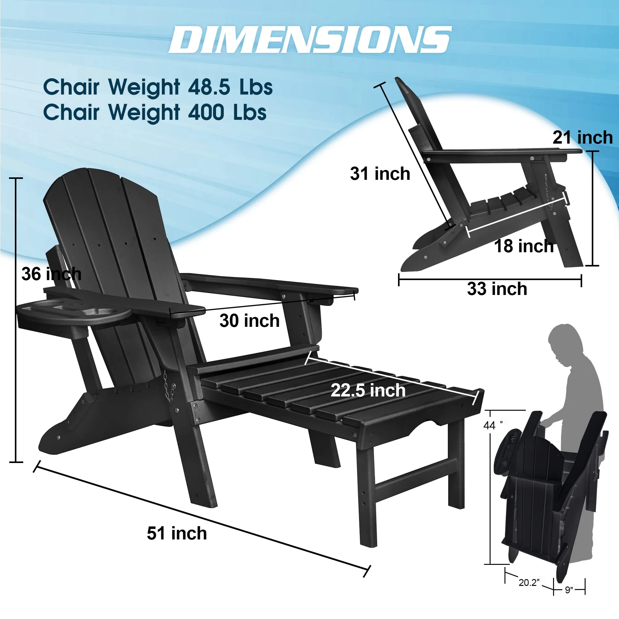 2PCS Folding Adirondack Chair with Retractable Ottoman, HDPE All-Weather Resistant Adjustable Backrest Adirondack Chair w/4 in 1 Cup Holder Trays, Black