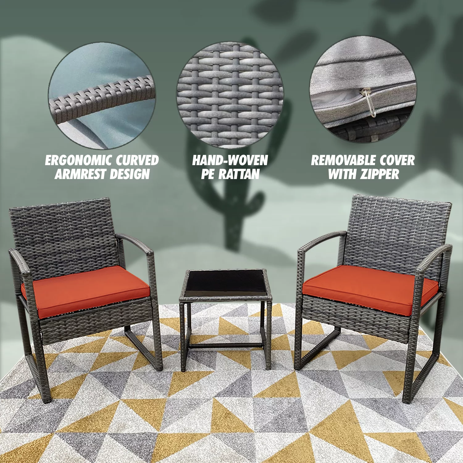 Hannah 3-Piece Reliable Bistro Patio Rattan Furniture Set - Orange