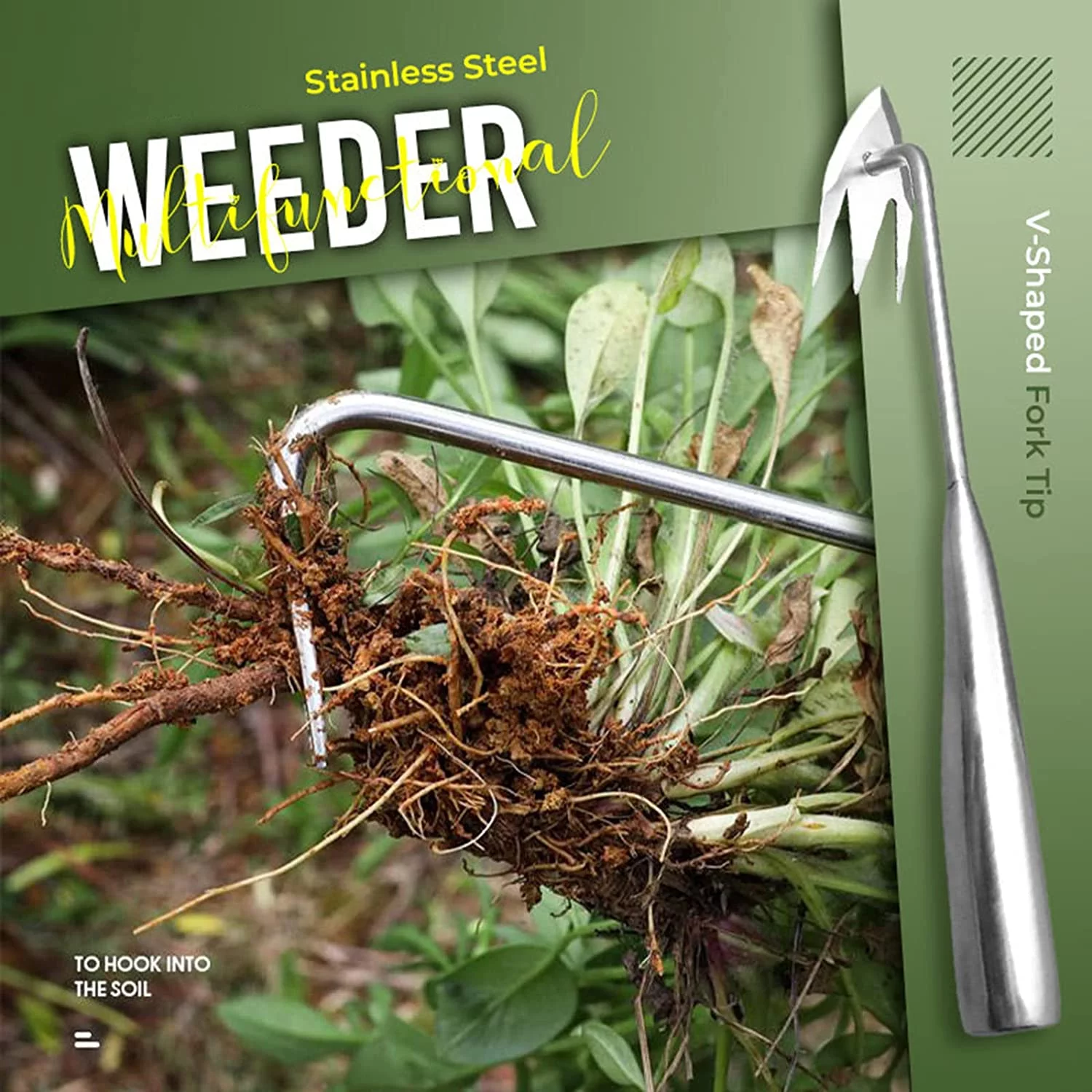 MAVLLY Weeding Artifact Uprooting Weeding Tool, Garden Weeding Tools, Manganese Steel Forged Weed Puller 4 Teeth Dual Purpose Weeder, High Strength Hand Remover Tool for Garden (12 Inch Wooden Handle)