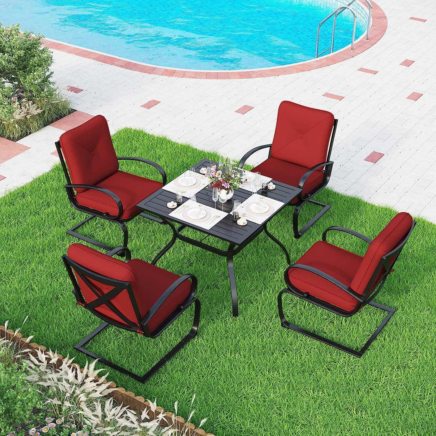 Patio Dining Set for 4 Outdoor Furniture Square Bistro Table with 1.57" Umbrella Hole 4 Spring Motion Chairs with Cushion Burgundy for Backyard Garden Lawn