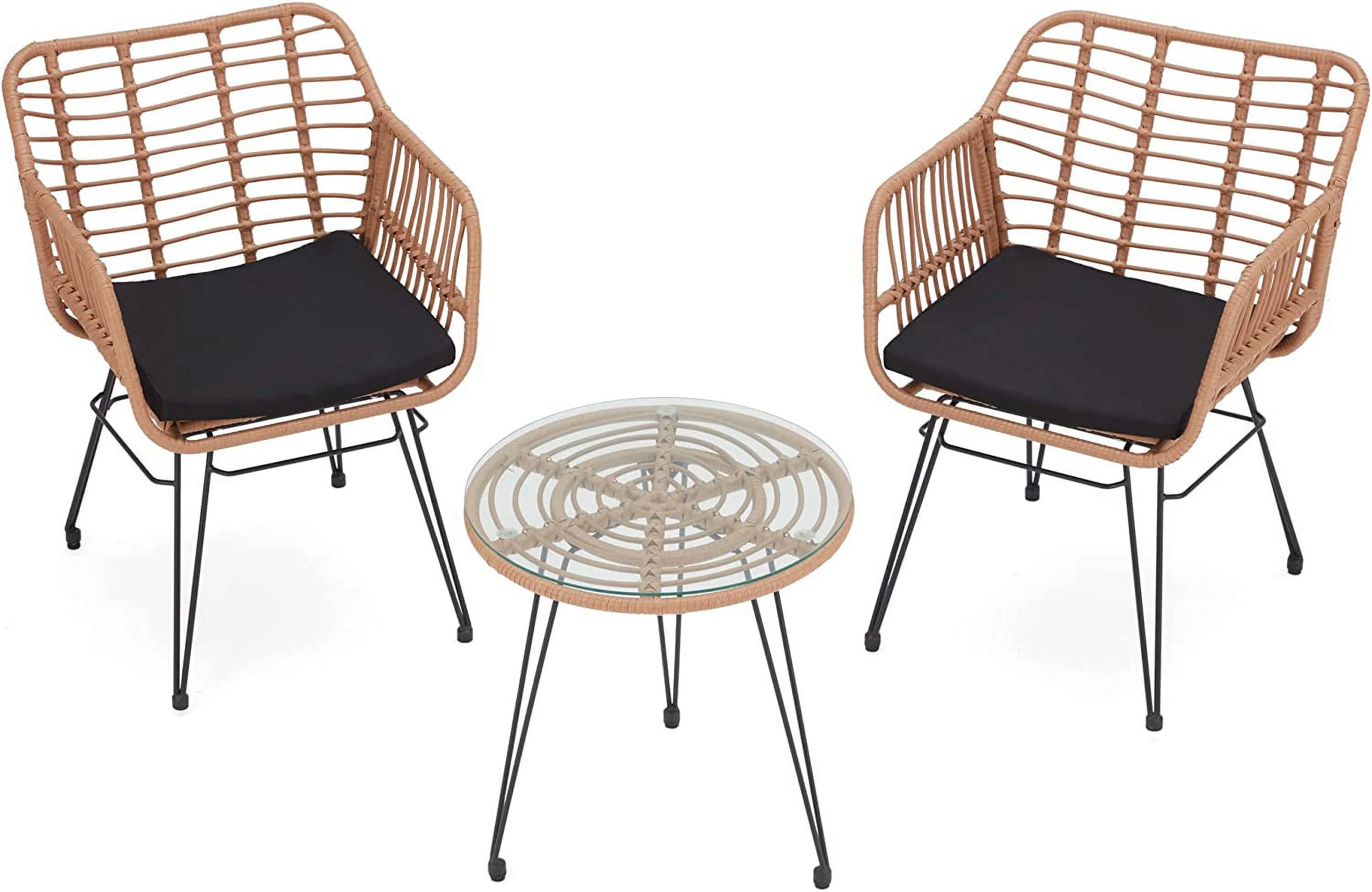 3 Piece Wicker Patio Bistro  Set  Includes 2 Chairs and Glass Top Table  Ideal for Porch  Outdoor  Backyard  Apartment  Balcony Natural Color