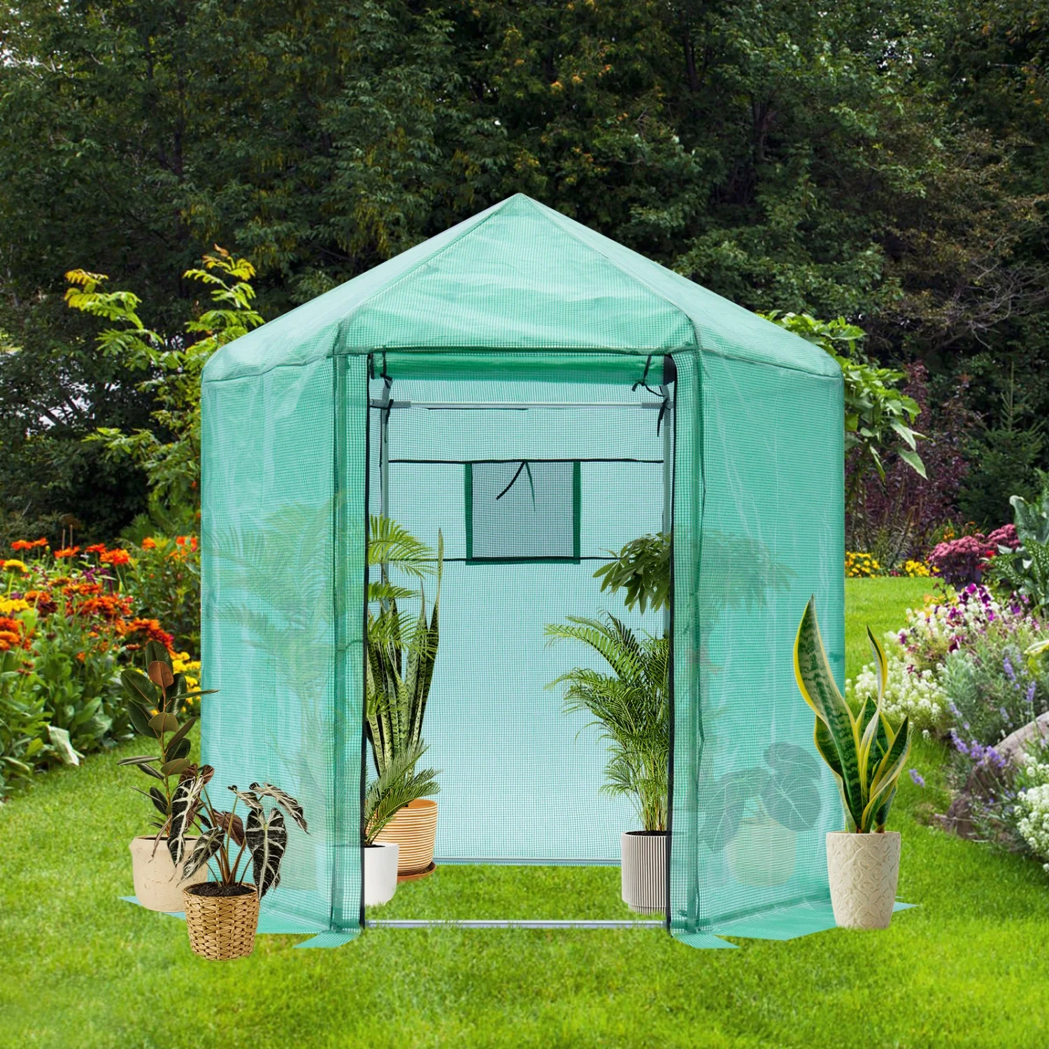 GFCIJMBD Walk-in Greenhouse Hexagonal Upgrade Reinforced Frame Heavy Duty Plastic Greenhouse Reinforced Thickened Waterproof Insulation(6.9*7.5 ft)