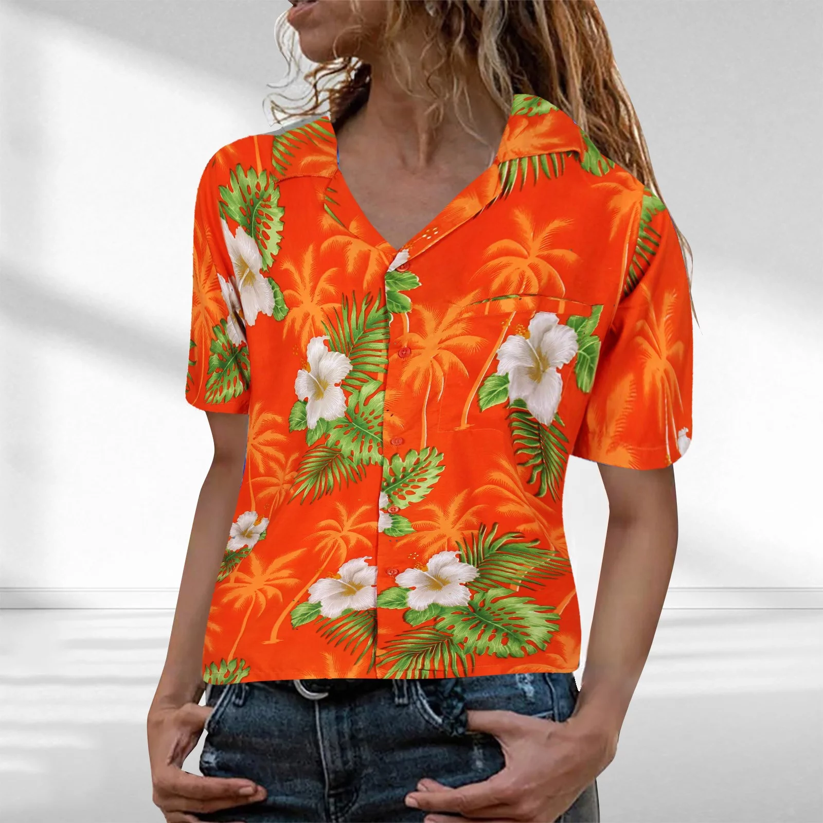 wendunide shirts for women Funky Hawaiian Shirt Blouse Frontpocket Leaves Flowers Palm Print Top womens tops