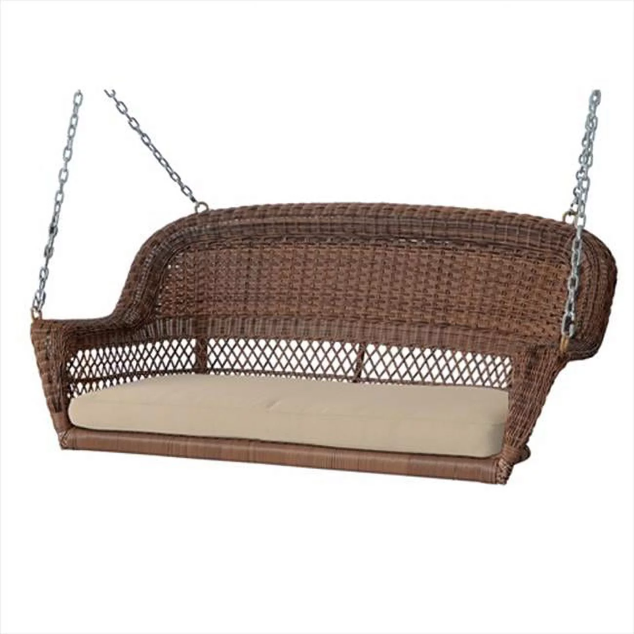 Honey Wicker Porch Swing With Tan Cushion