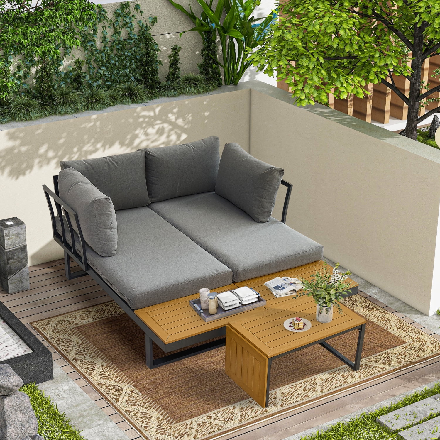 Ultimate Backyard Relaxation with Stylish and Enjoyable Poolside Comfort: L-Shaped Aluminum Outdoor Patio Furniture Set with Soft Cushion and Plastic Wood Side Table.
