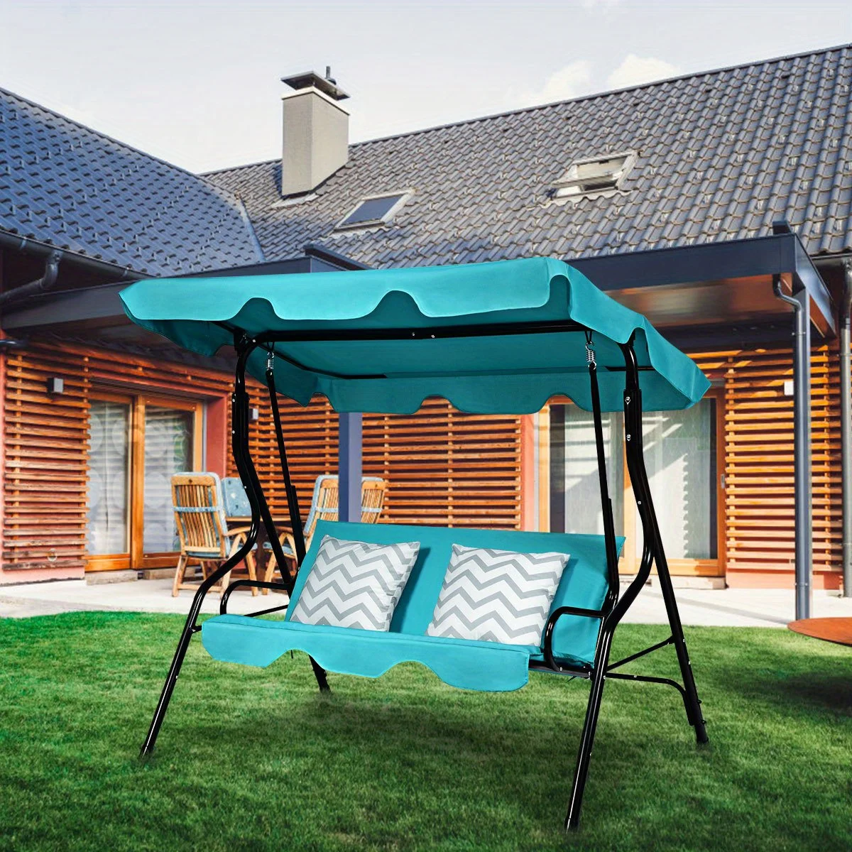 Patio 3 Seats Canopy Swing Glider Hammock Cushioned Steel Frame Backyard Blue