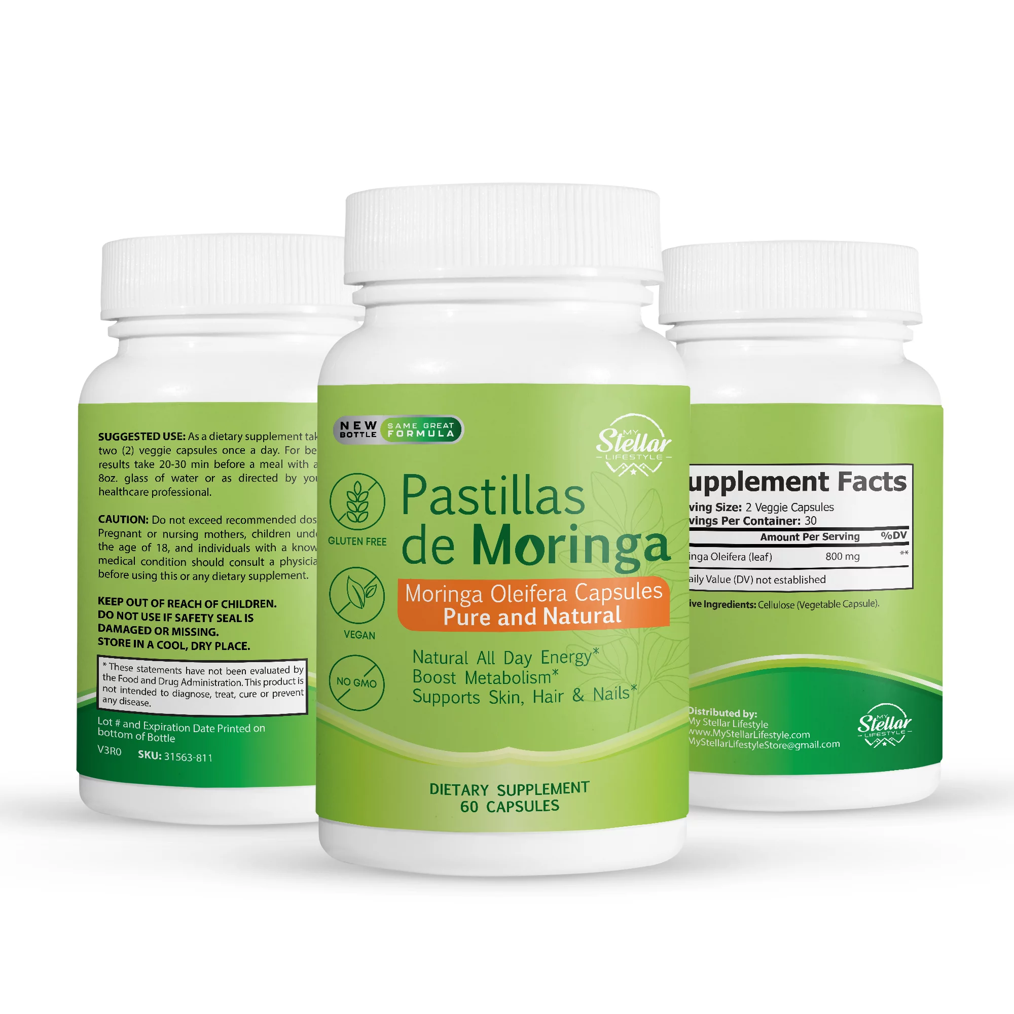5 Pack Pastillas de Moringa, boost metabolism & supports skin, hair and nails-60 Capsules x5