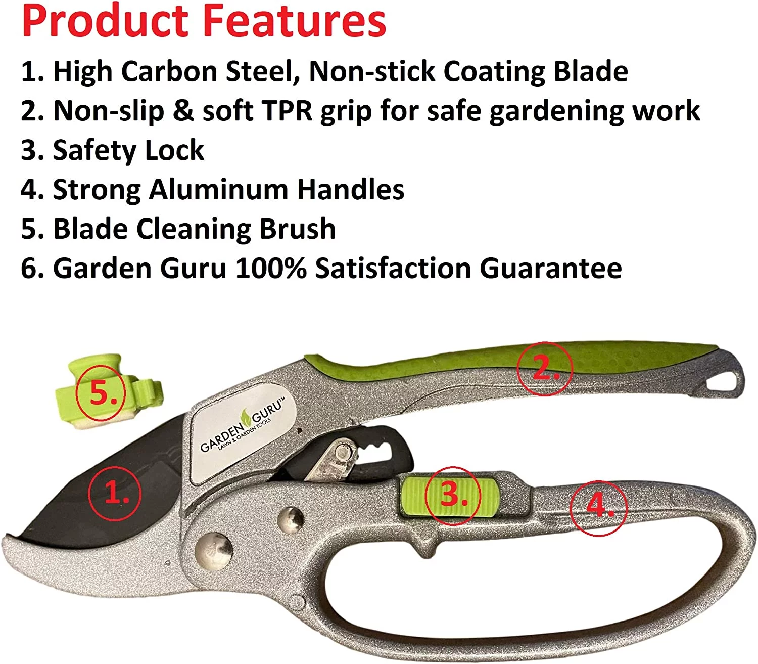 Garden Guru Ratchet Pruning Shears - Professional Garden Clippers with Ergonomic Grip and Brush - Makes Tough Cuts Easy