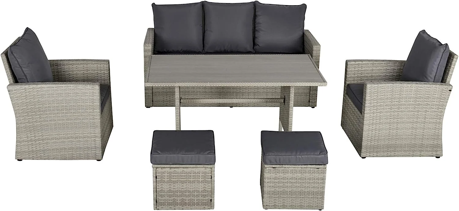 Dina 6 Piece Patio Dining Set  PE Rattan Furniture Set with 2 Chairs Cushions & Outdoor Three Seat Sofa  Woodgrain Slatted Dinner Table  Mixed Gray