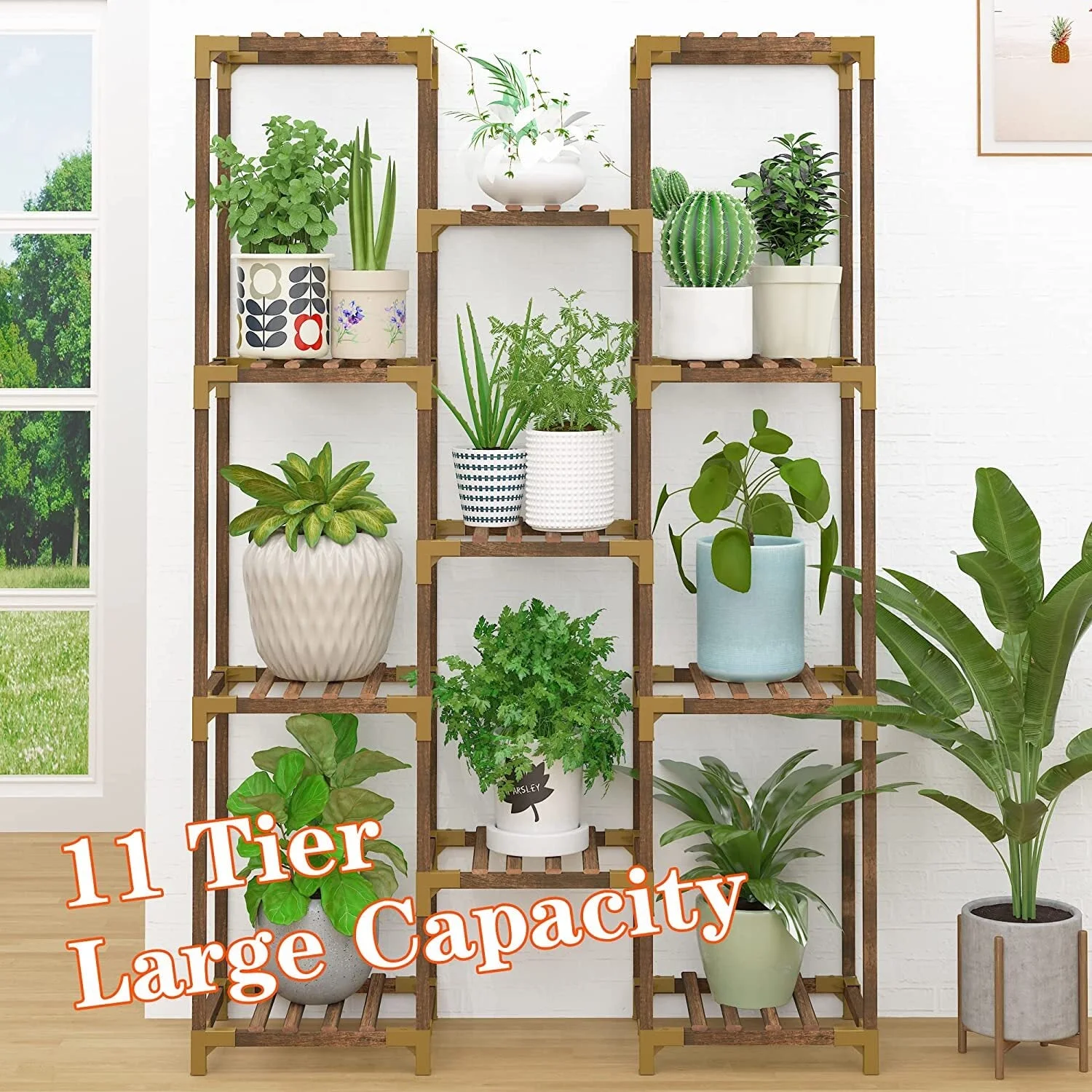 Plant Stand Indoor Outdoor, 11 Tier Reinforced Plant Shelf Tall for Multiple Plants, Large Wood Plant Rack Holder, Garden Shelves, Flower Stand for Living Room Patio Corner
