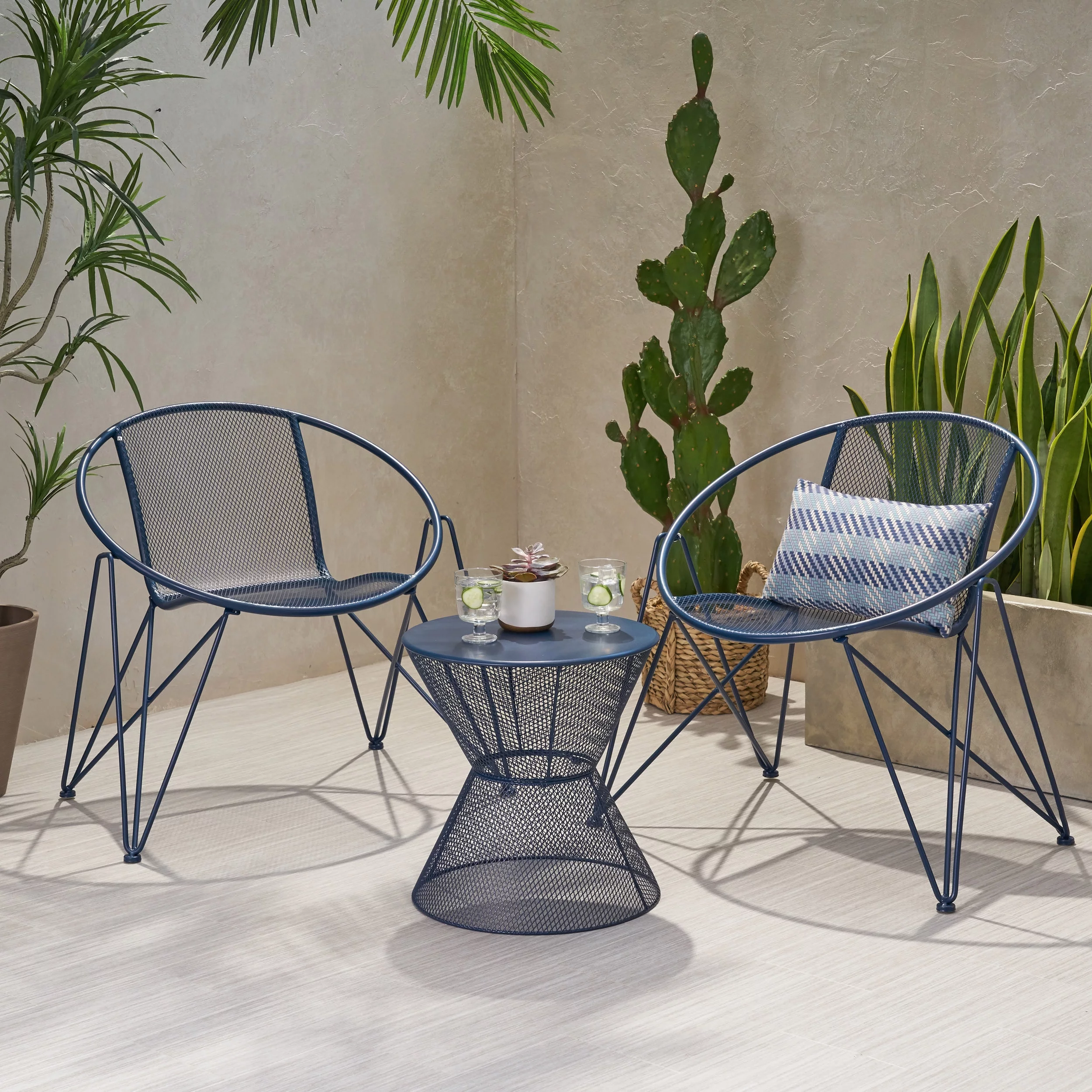 GDF Studio Newport Outdoor Metal Mesh 3 Piece Chat Set, Matte Navy Blue