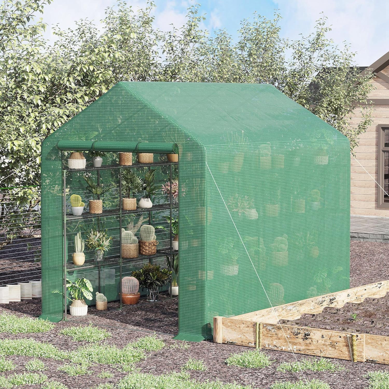 8' x 6' x 7' Portable Greenhouse 4-Tier Walk in Greenhouse with Roll Up Zipper Door for Flower Herb Vegetable
