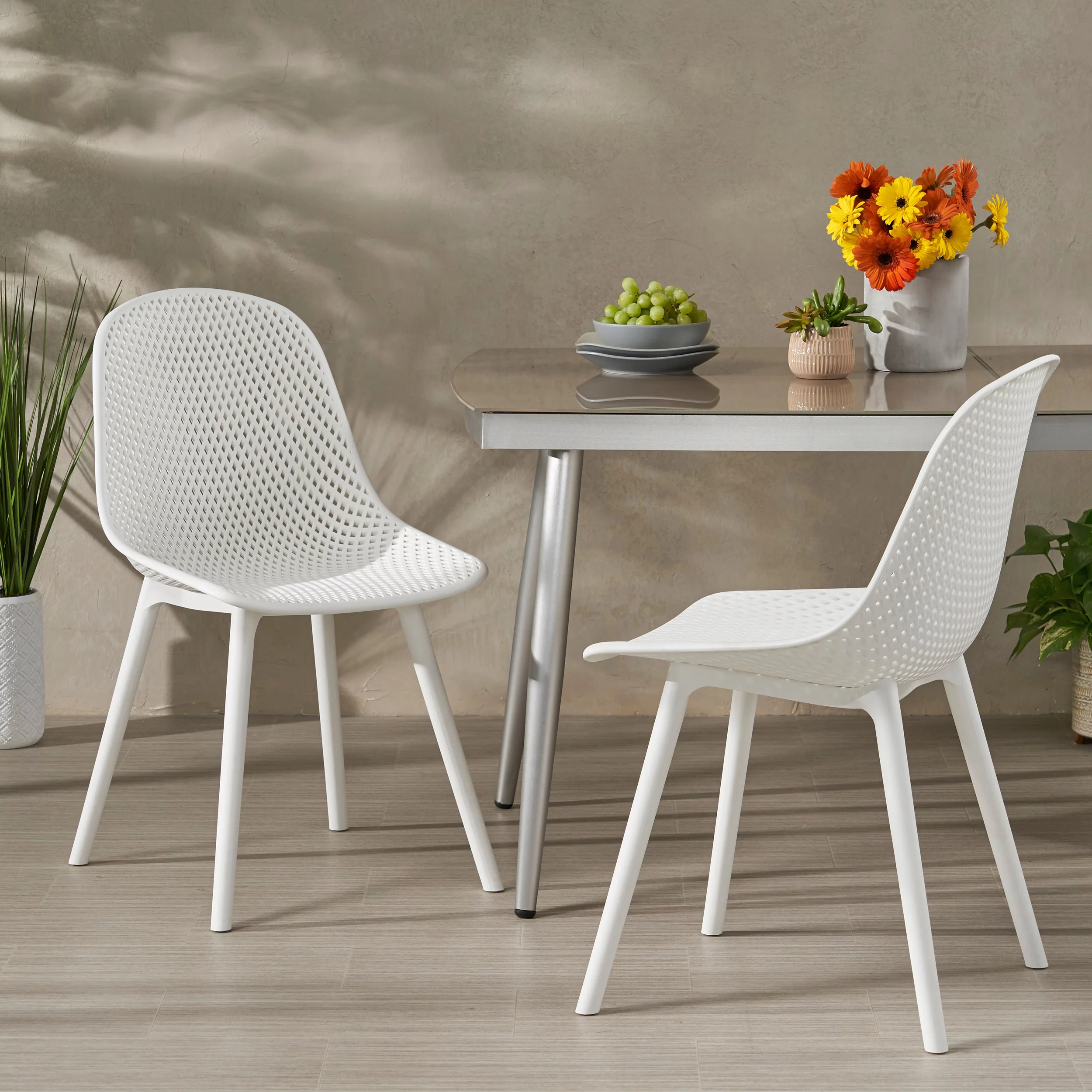 Noble House Posey Plastic Patio Dining Chair in White (Set of 2)