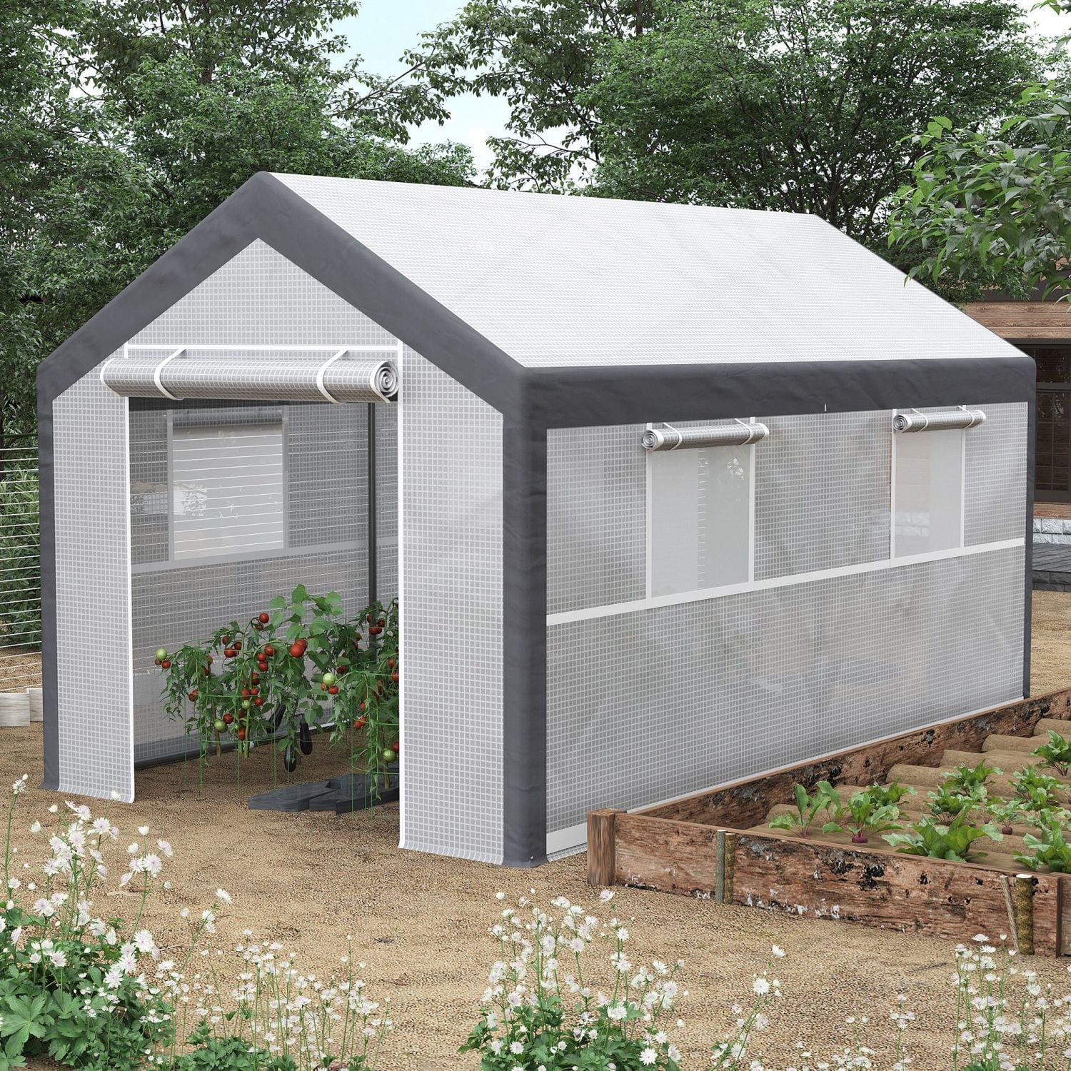 ZJbiubiuHome 12‘ x 7‘ x 7‘ Walk-In Greenhouse  Outdoor Garden Warm Hot House with 4 Roll-up Windows  2 Zippered Doors and Weather Cover