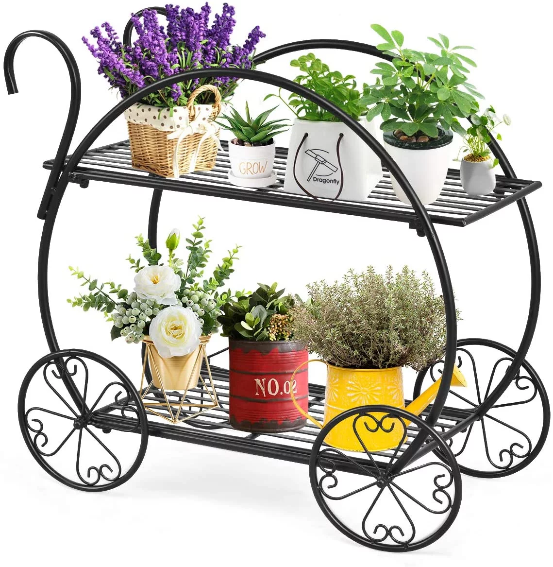 Garden Cart Metal Plant Stand with 4 Decorative Wheels, Succulent Collection Flower Pot Holder Display Shelf for Home Patio Garden Flower Shop, Parisian Style Plant Potted Rack (2-Tier)