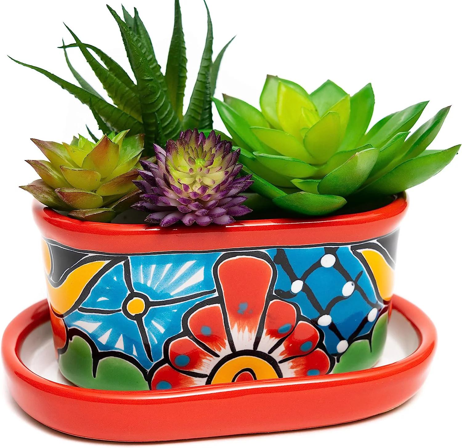 Mexican  Ceramic Succulent Mini Flower Planter Cactus Bonsai W/Drainage  Drip Dish Home Garden Office Desk Décor Gift Set (Red)