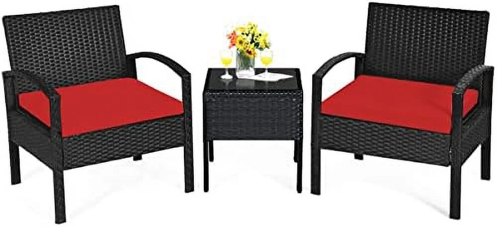 3 Piece Patio Conversation Set  Outdoor Rattan Sofa Set with White Seat Cushions & Coffee Table  Patio Wicker  Set for Garden Balcony Backyard Poolside (Black)
