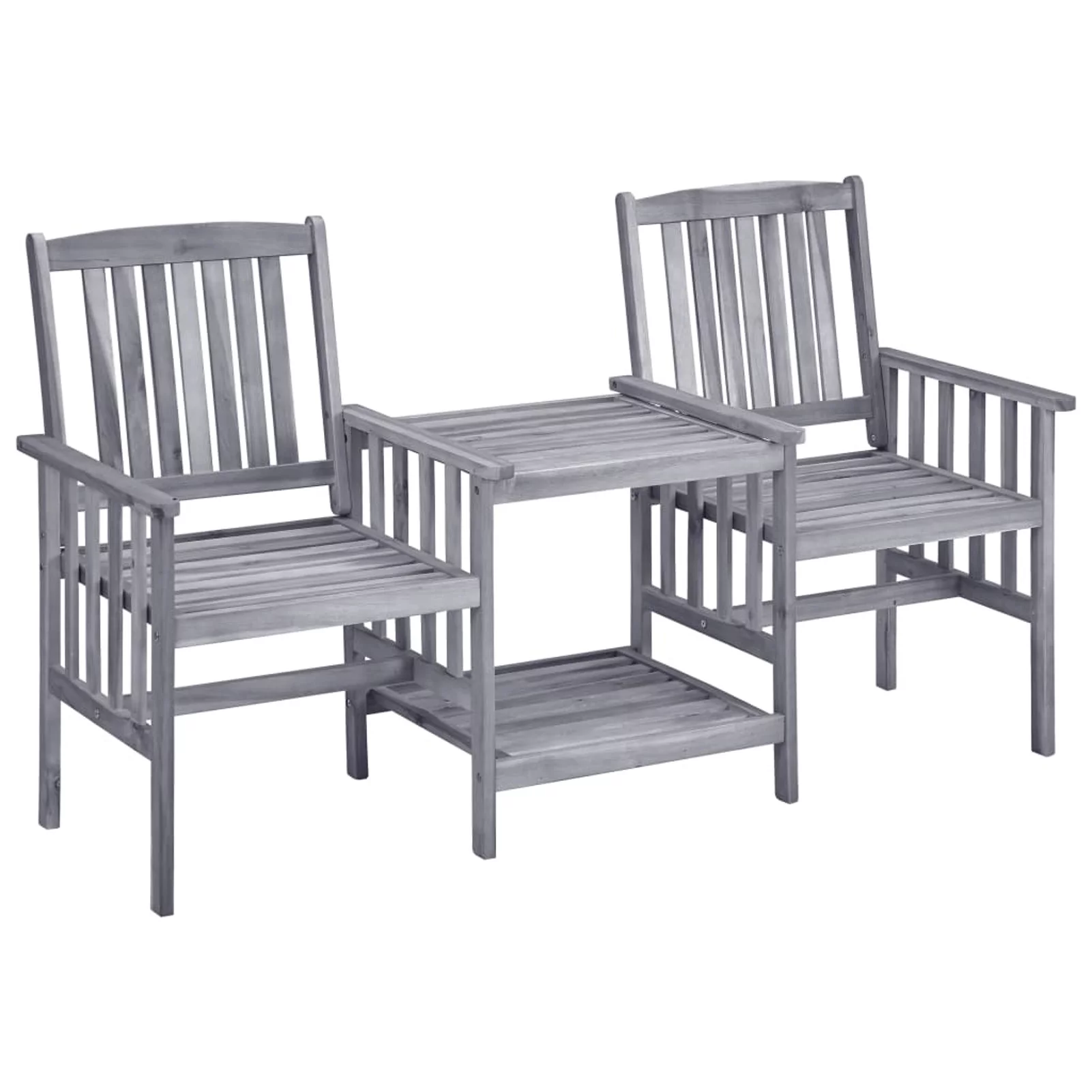 Dcenta Wooden Double Chairs and Tea Table with Storage Shelf Acacia Wood Bistro Set Gray for Patio, Backyard, Balcony, Lawn, Outdoor 62.6 x 24 x 36.2 Inches (L x W x H)