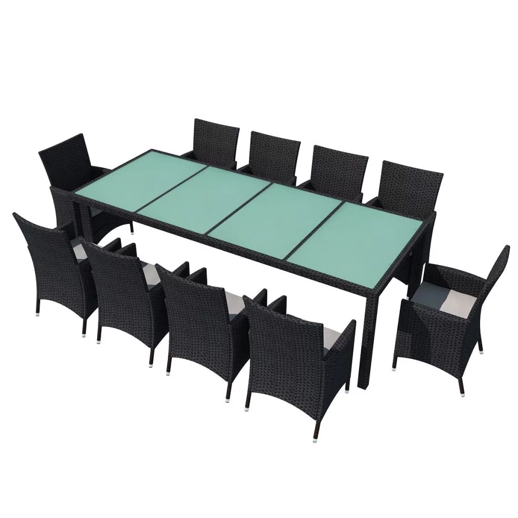 Andoer 11 Piece  Dining Set with Cushions Poly Rattan Black