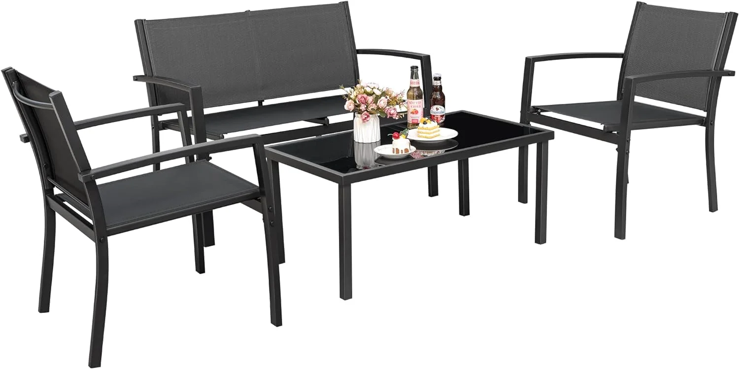 Dina 4 Pieces Outdoor Patio Furniture Set Conversation Set with Glass Coffee Table Bistro Set with Loveseat Garden Yard Lawn and Balcony (Grey)