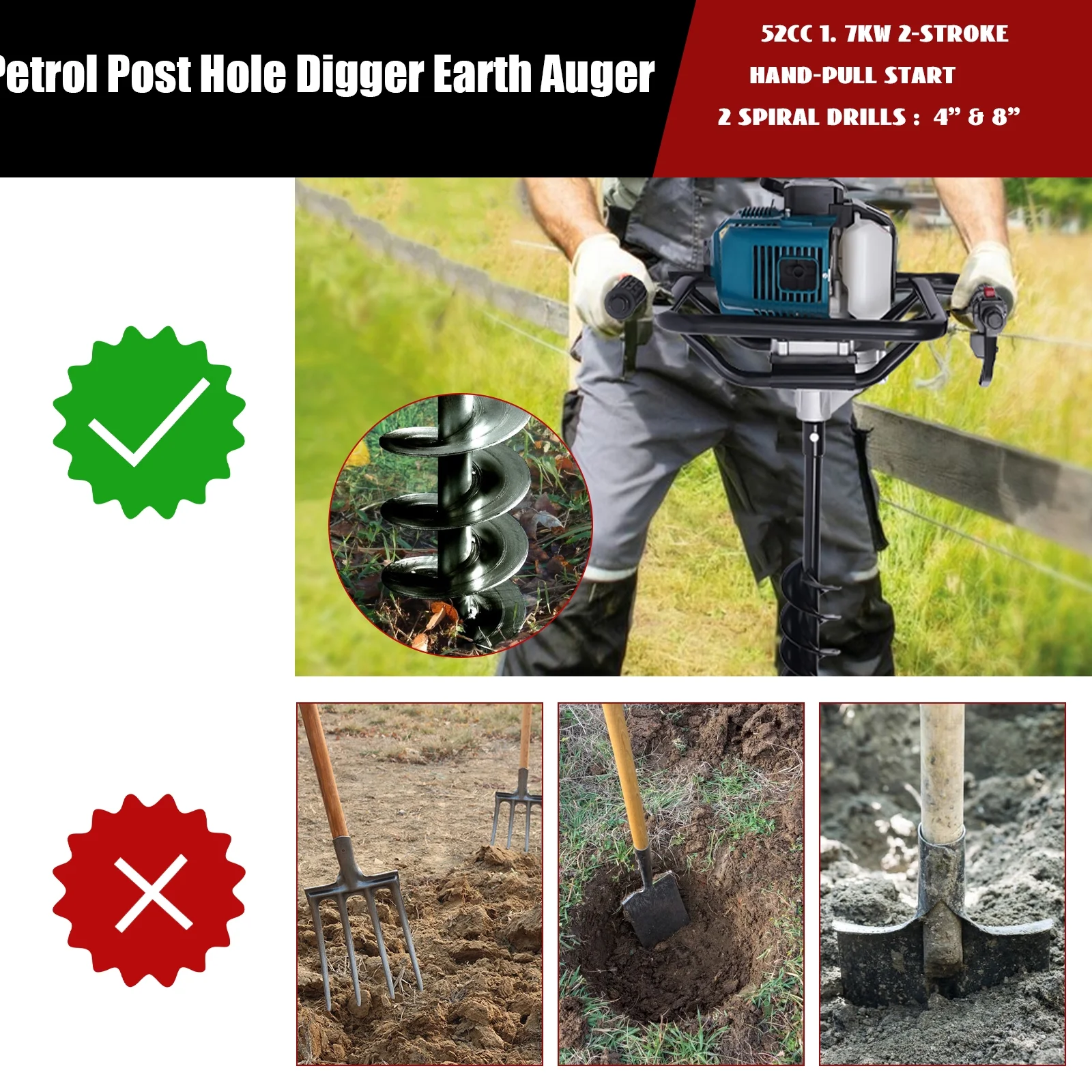 Fichiouy 52cc 2 Stroke Post Hole Digger Gas Powered Earth Auger with 4