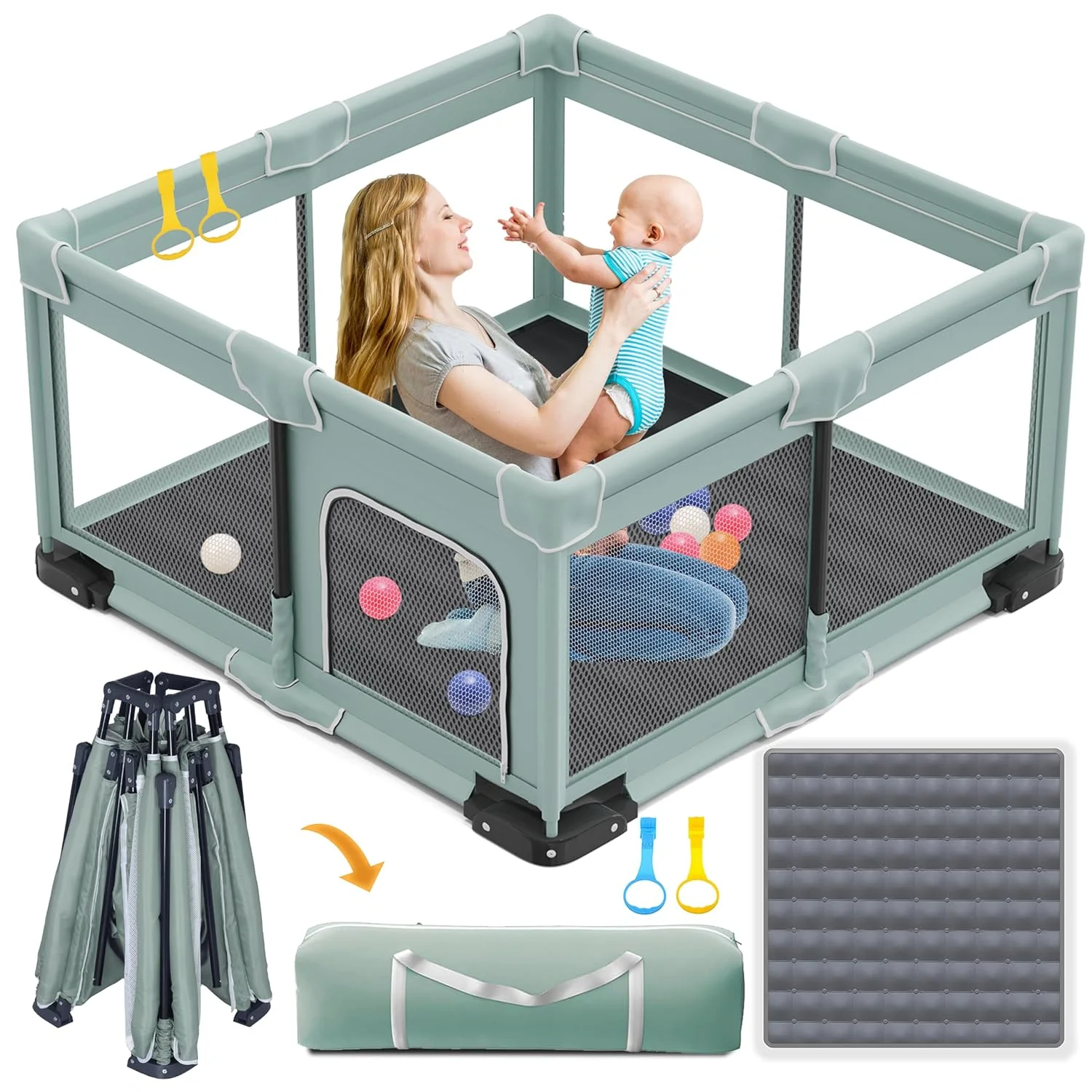 Foldable Baby Playpen with Mat, 50x50 Folding Playpen for Babies and Toddlers, Kids Portable Playpen with 2 Handlers, Indoor & Outdoor Baby Play Area with Storage Bag, Light Green
