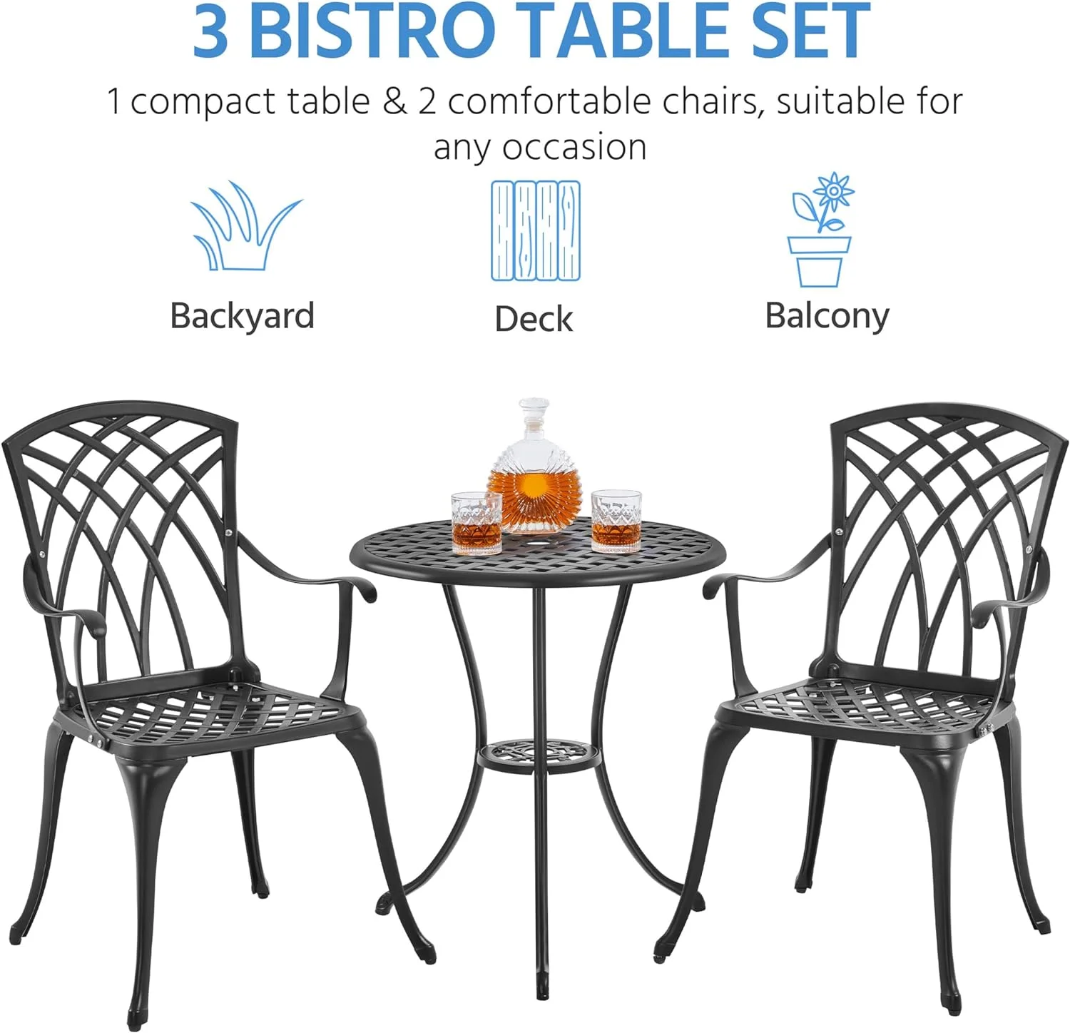 Yaheetech 3-Piece Patio Bistro Set Outdoor Cast Aluminum Bistro Table and Chairs Set of 2, Outdoor Patio Furniture with Umbrella Hole for Patio Balcony, Black