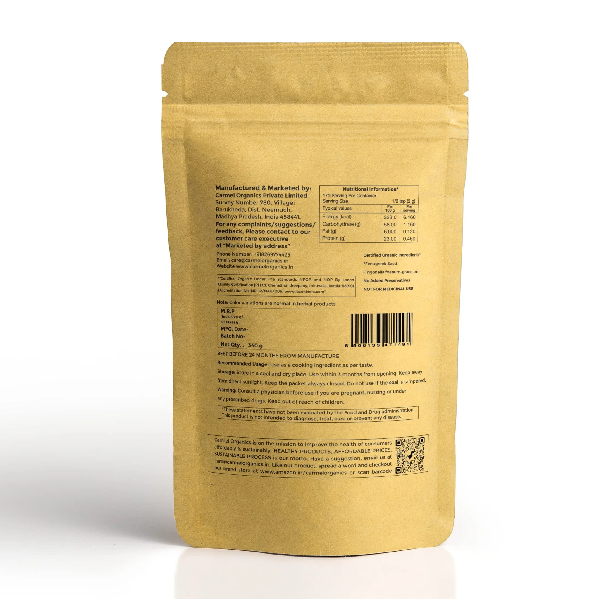 Carmel Organics Fenugreek Seed/Methi Seeds (Whole, 340 Grams) | Trigonella Foenum-Graecum | Jaivik Bharat Certified | Menthya,Venthayam,Menthulu | No Added Preservatives