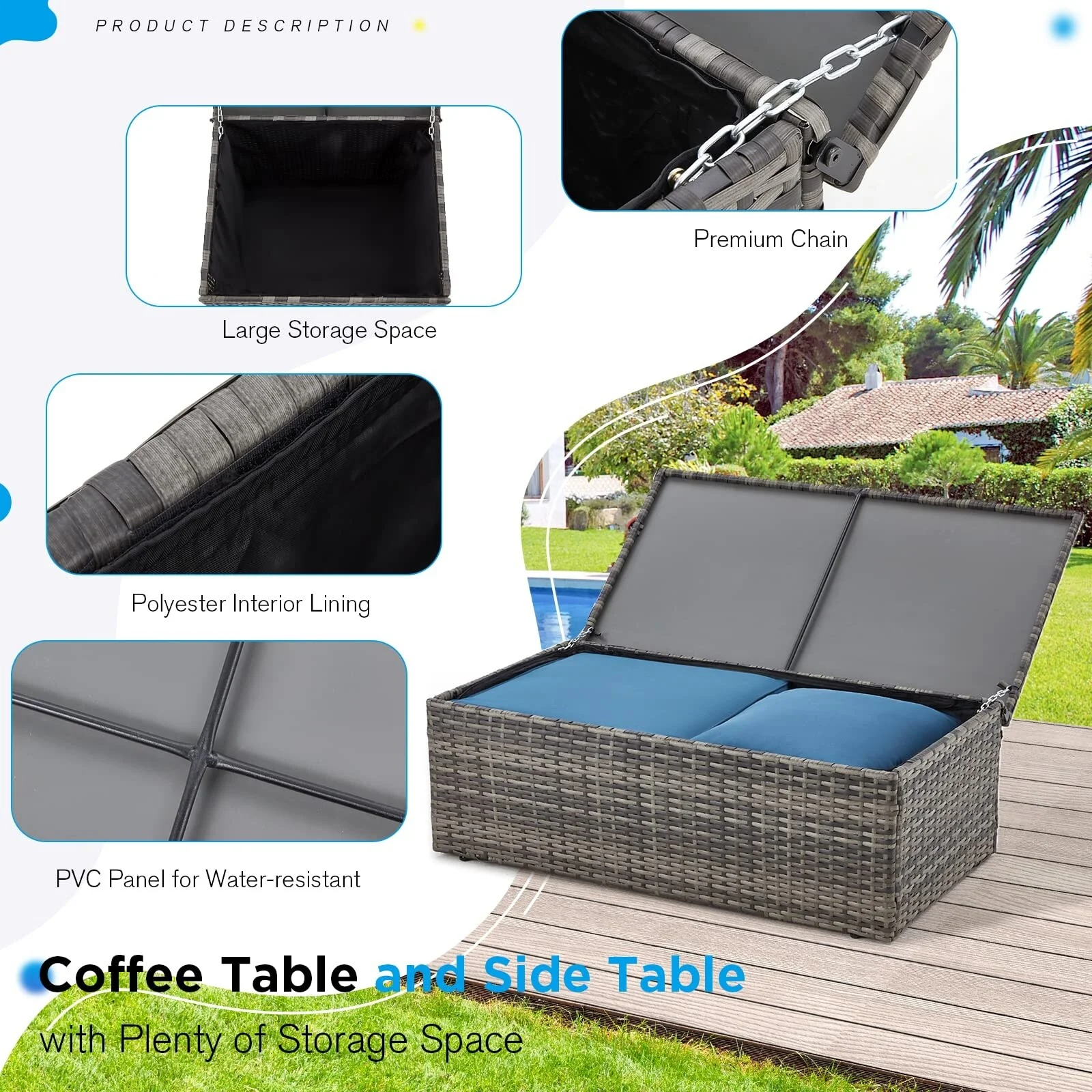 AECOJOY 7-Pieces Patio Sectional Sofa Outdoor Wicker Furniture Set Denim Blue