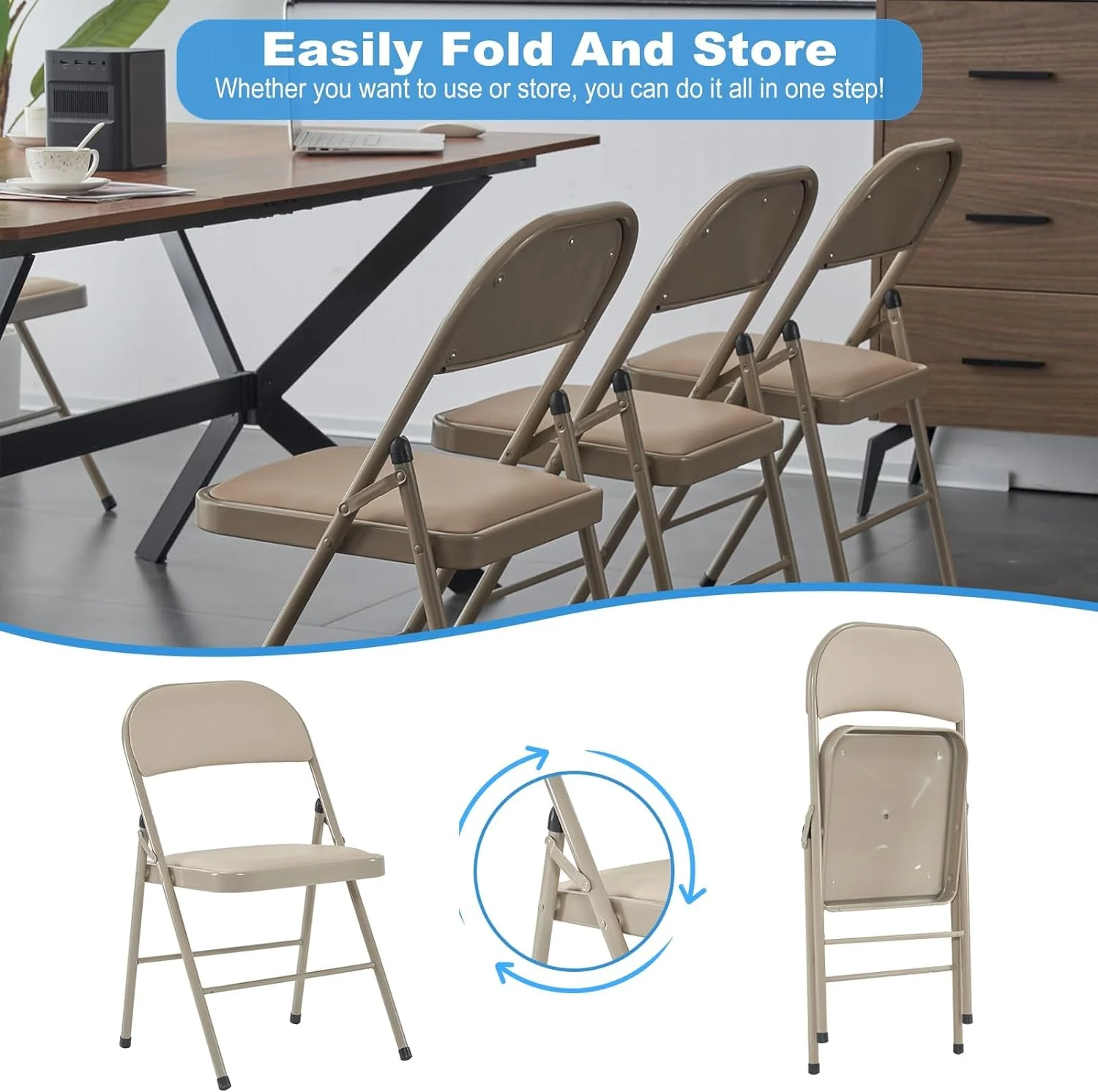 Khaki Folding Chair Set of 4, Padded Folding Chairs with Steel Frame 330lbs Capacity, Portable Stackable Commercial Folding Chairs for Home Office Wedding Party Indoor Outdoor Events