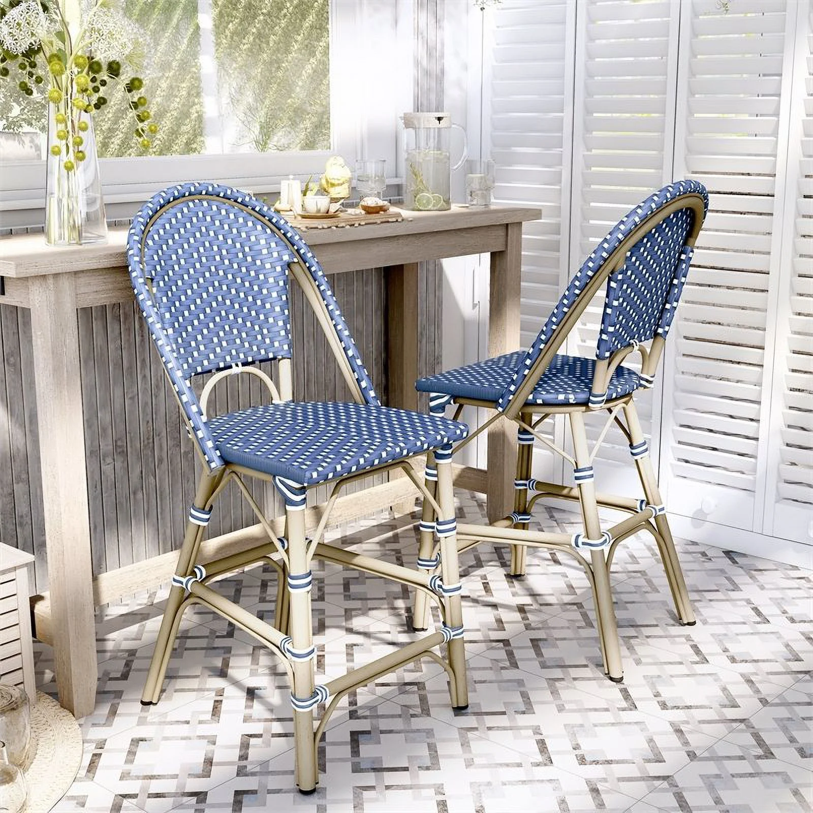Furniture of America Reo Aluminum Patio Counter Dining Chair in Blue (Set of 2)