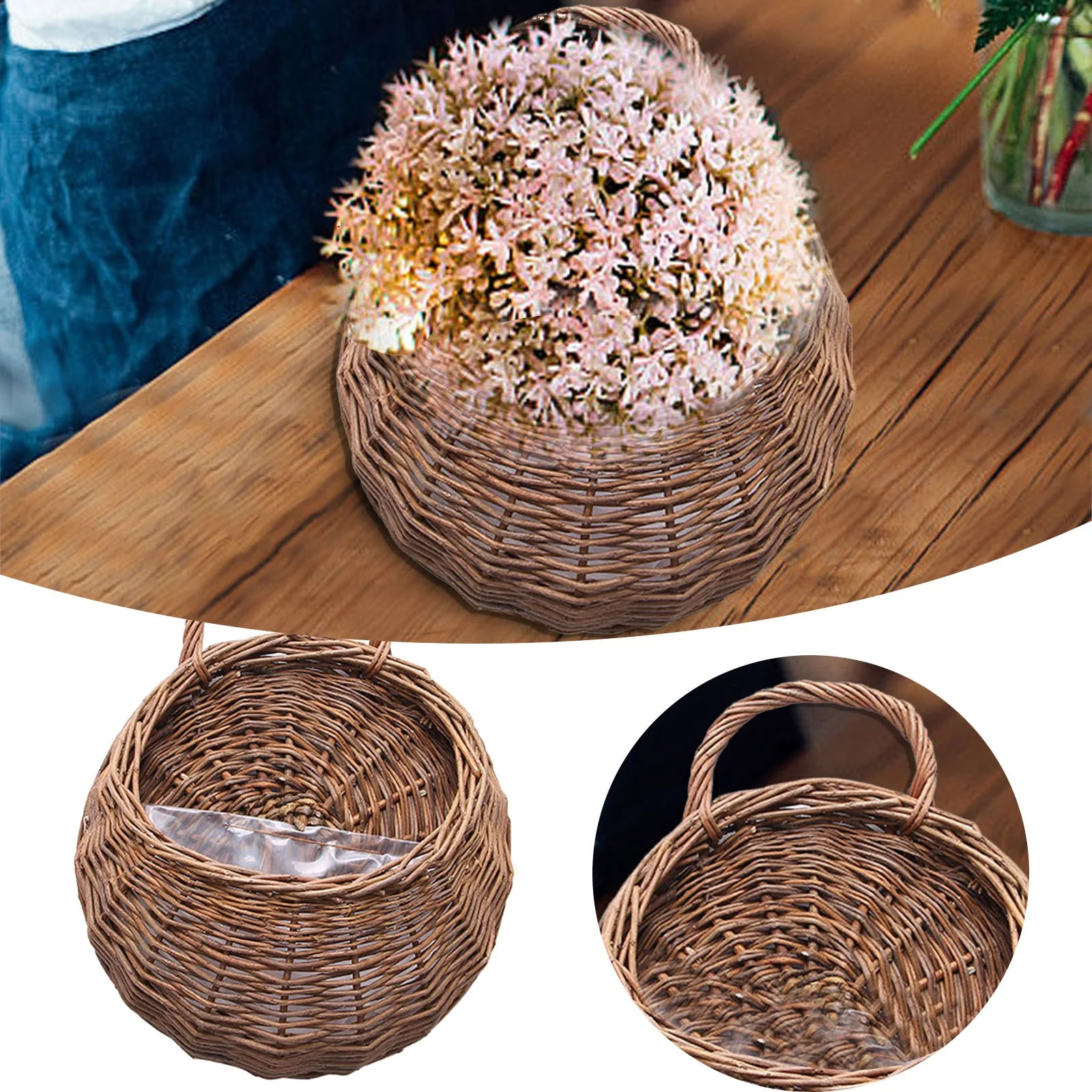 Rattan Wicker Hanging Flower Pot Half Round Rattan Planter Hanging Planter With Removable An Integral Handle Wall Storage Basket