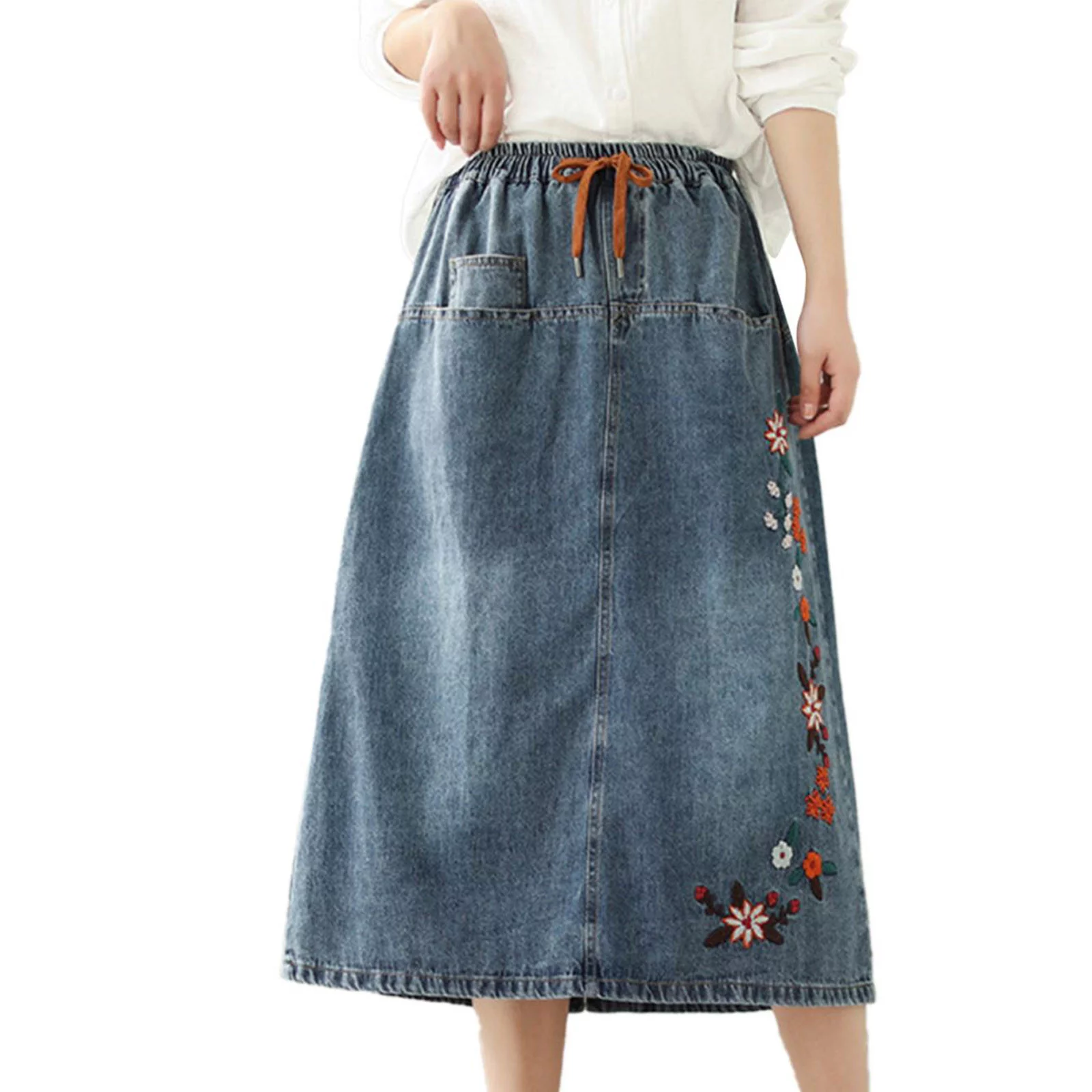 Autumn Cargo Skirt Spring And Summer Half Skirt Elastic Waist A Line Skirt High Waist Embroidery Denim Retro Mid Length Style Two Piece Skirt Set