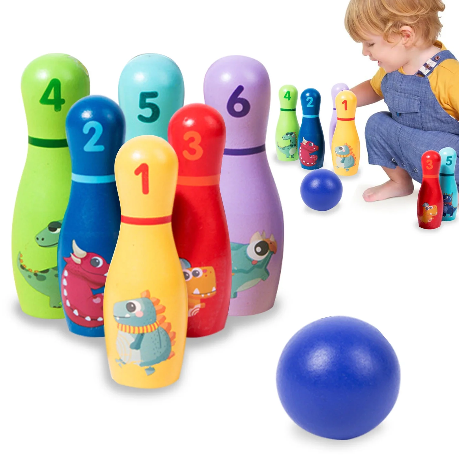 Wooden Bowling Toy for Toddlers, Dinosaur Theme Bowling Set for Boys Girls Age 2 3 4 Year Old Indoor Toys