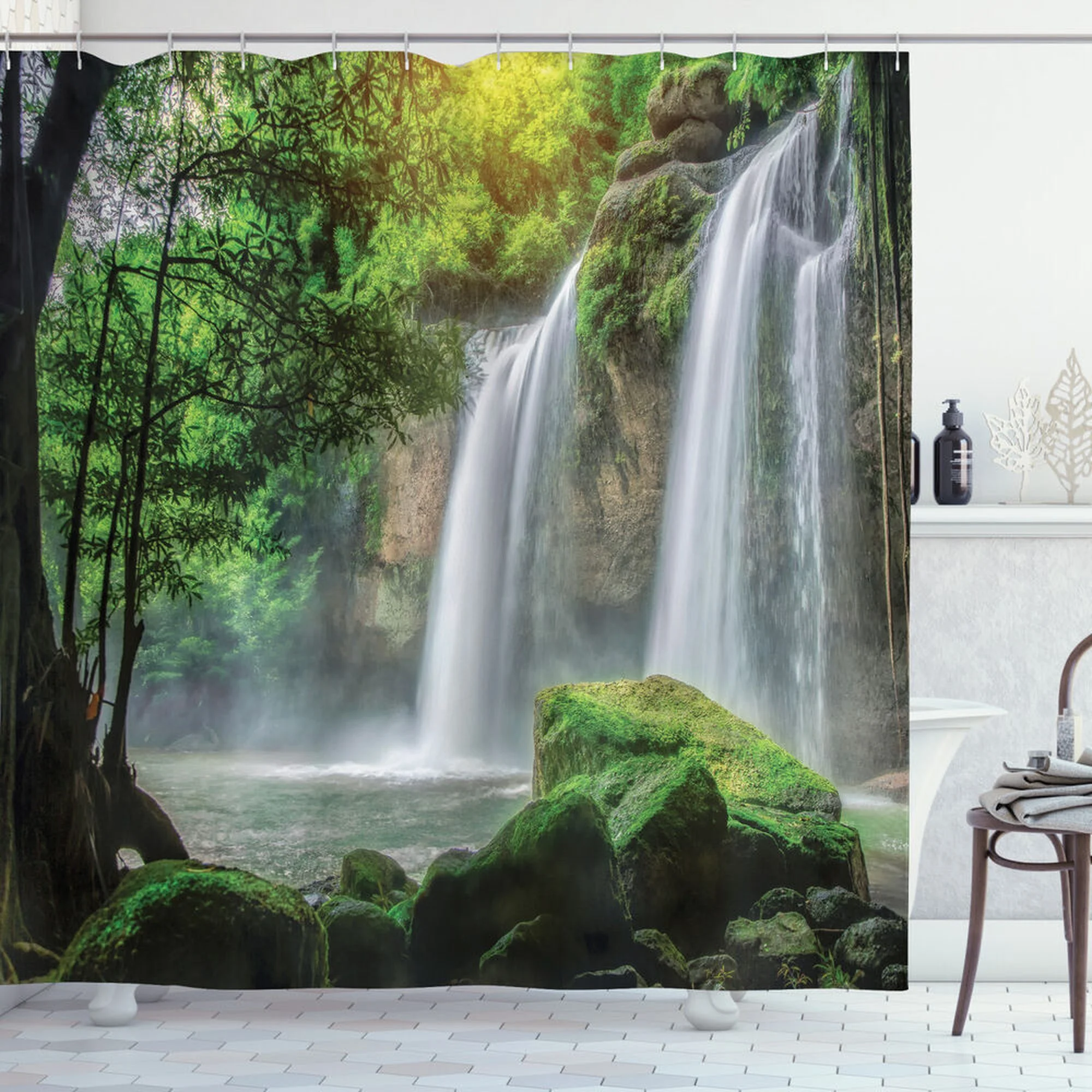 Exotic Waterfall Jungle Shower Curtain - Tropical Rainforest Bathroom Decor with Lush Nature Print